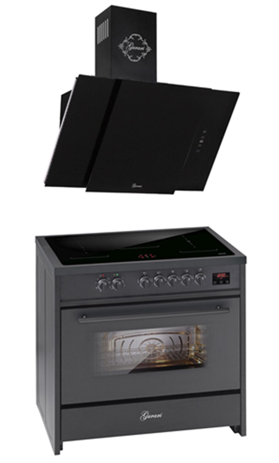 Induktions-Standherd Range Cooker 90 cm, Schwarz, 5 Kochzonen, 121L+Dunstabzugshaube 90 cm E 913 BL+GCH S 171 BL 90 Prime..