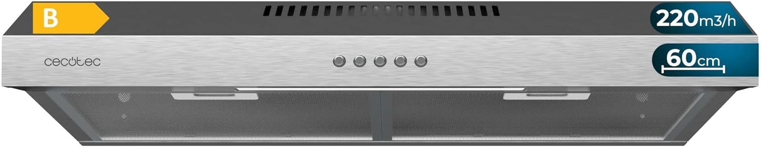 Cecotec Cappa aspirante 60 cm di larghezza Bolero Flux CM 602200 Inox B. Potenza di aspirazione 220 m3/h, motore 70 W, basso consumo, controllo meccanico, 3 livelli di potenza, finitura in inox