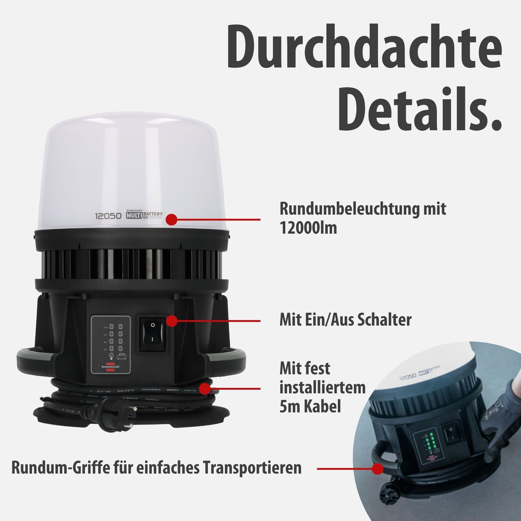 LED Baustrahler 360° Hybrid 12000lm für 18V Akku, 4 Schaltstufen, 5m Kabel, ohne Akku