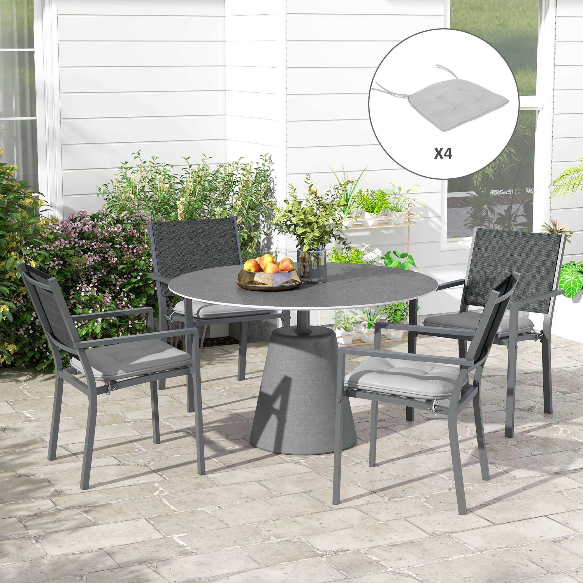 Outsunny Set mit 4 Gartenstuhlpolstern mit Steppung Gepolstertes Polyesterstoff dim. 43L x 41B cm Grau