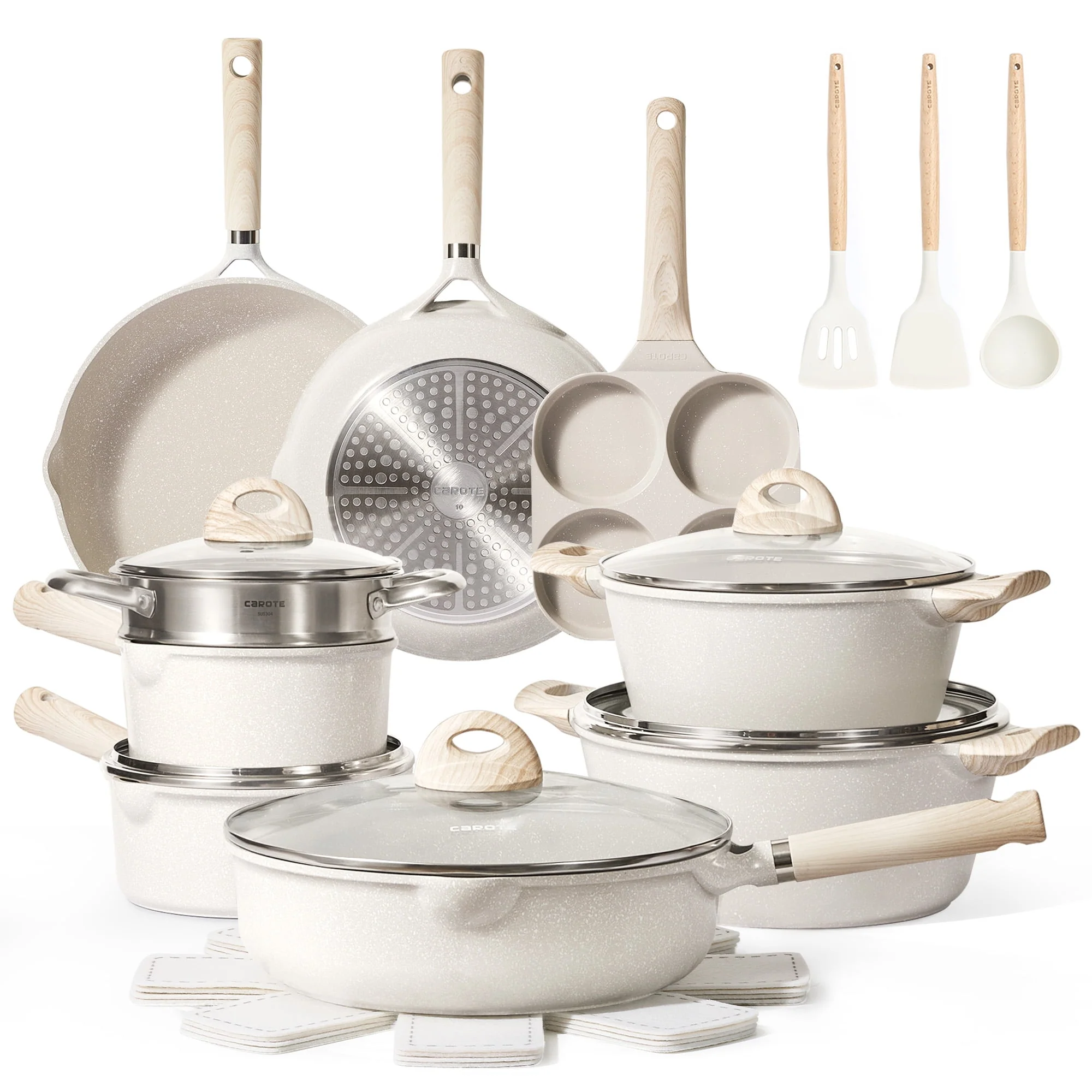 Carote 21-Piece Nonstick Cookware Set, Eco-Friendly Granite, Induction Compatible, Beige