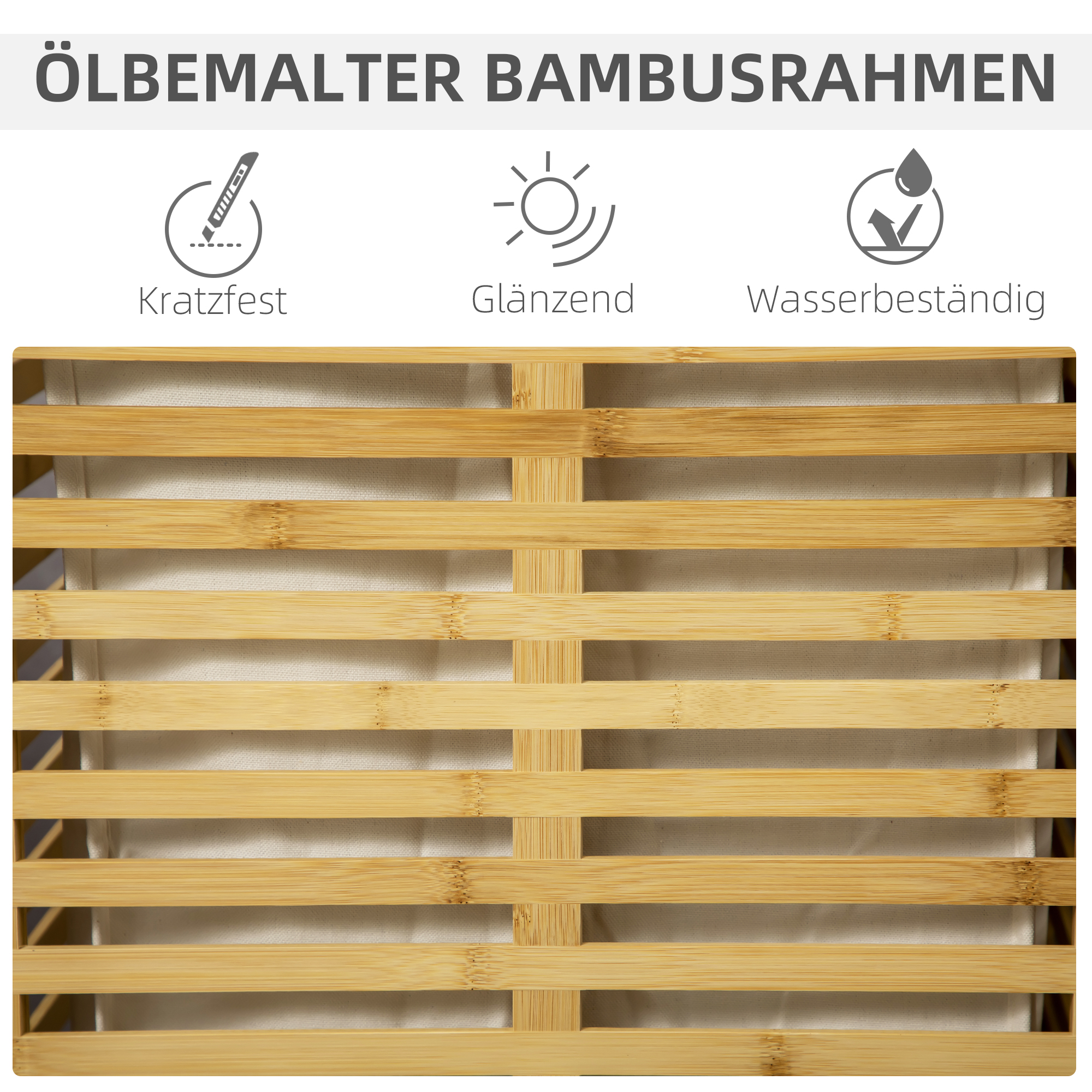 Bamboe Wasmand 63 L met Deksel en Uitneembare Waszak, Stok 44 x 37 x 62,5 cm in Natuurhout