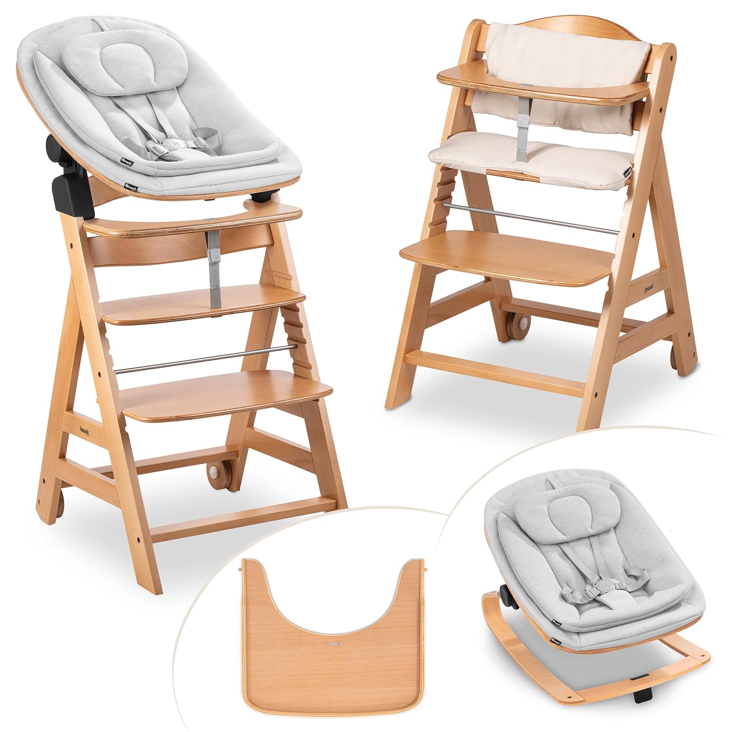 hauck Hochstuhl Beta+ Newborn Set Eco Bouncer - mitwachsender Holz Babyhochstuhl ab Geburt, inkl. Neugeborenenaufsatz, Sitzpolster und Essbrett - Dark Grey