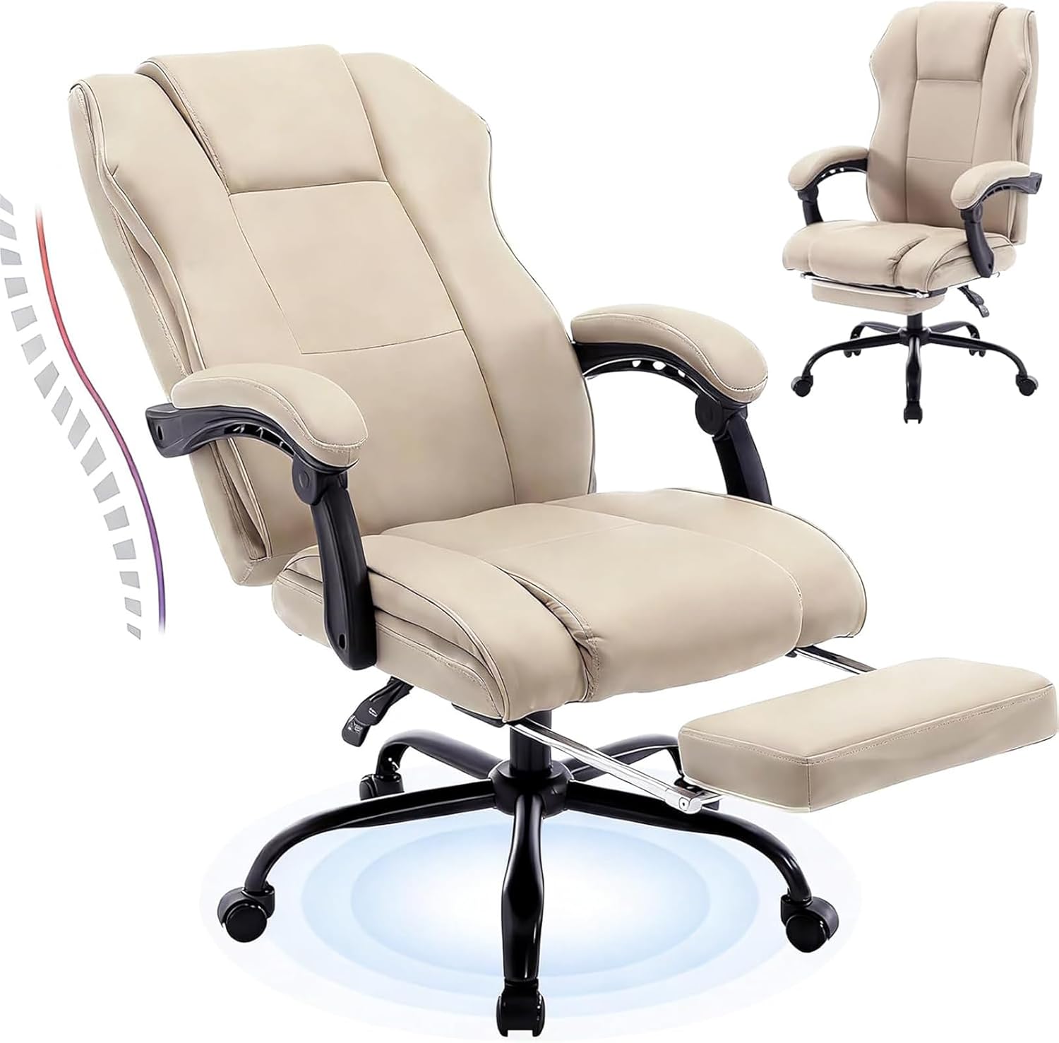 Ergonomic Reclining Office Chair with Footrest, PU Leather Comfortable Recliner Office Desk Chair with Leg Rest Wheels,Beige