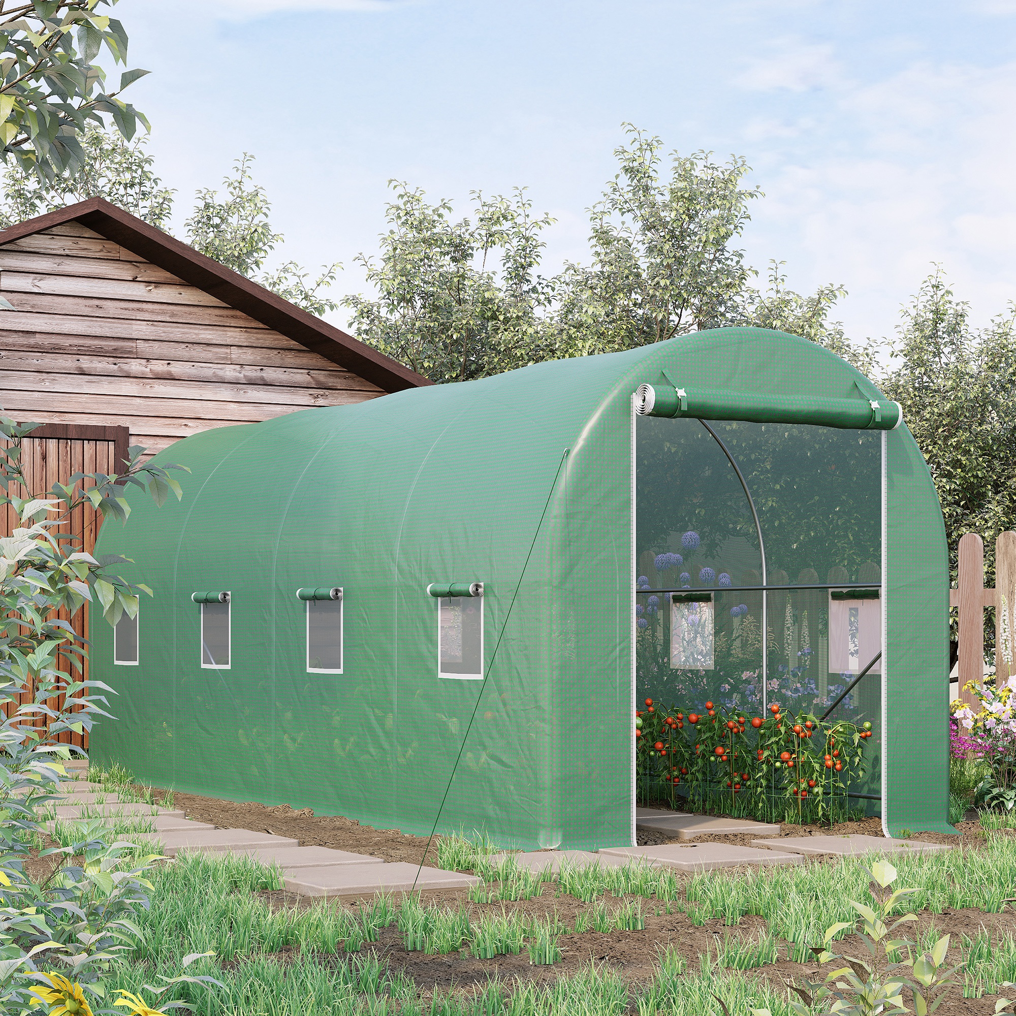 Outsunny Gewächshaus 500x200x205cm Foliengewächshaus Tomatenhaus Tür mit Moskitonetz, Fenster, Folientunnel aus verzinktem Stahl, stabiles Pflanztunnel, Treibhaus inkl. Erdanker Seilen, Grün