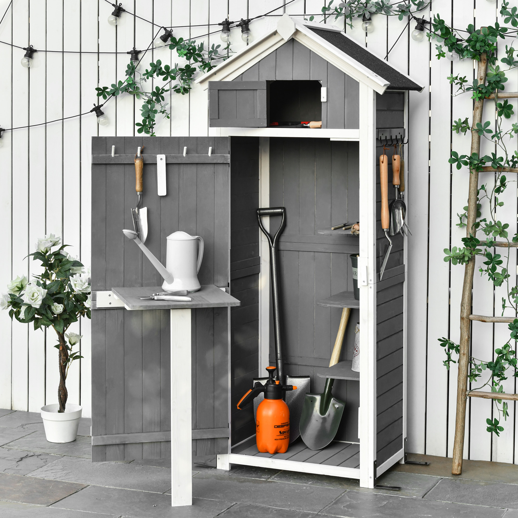 Outsunny Gartenschrank Holz, Geräteschuppen wetterfest 78x52,5x182cm, Gerätehaus mit Tür, Satteldach, Geräteschrank mit Haken, faltbar Tisch, Werkzeugschrank Gartenschuppen für Garten, Terrasse, Grau
