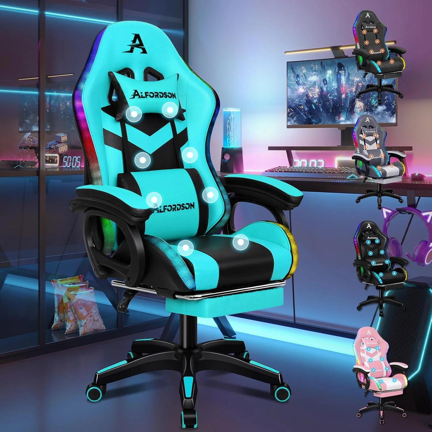 ALFORDSON Gaming-Stuhl Gamer Massage LED RGB ergonomisch Bürostuhl, Cyan