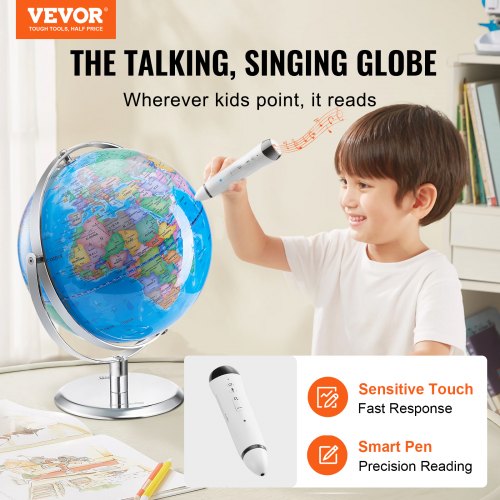 VEVOR Sprechender Globus, 228,6 mm, Interaktiver Globus für Kinder, Pädagogischer Globus mit intelligentem sprechendem Stift, LED-Nachtlicht, USB-Schnittstelle, Geschenke für Kinder (Sprache: Englisch)