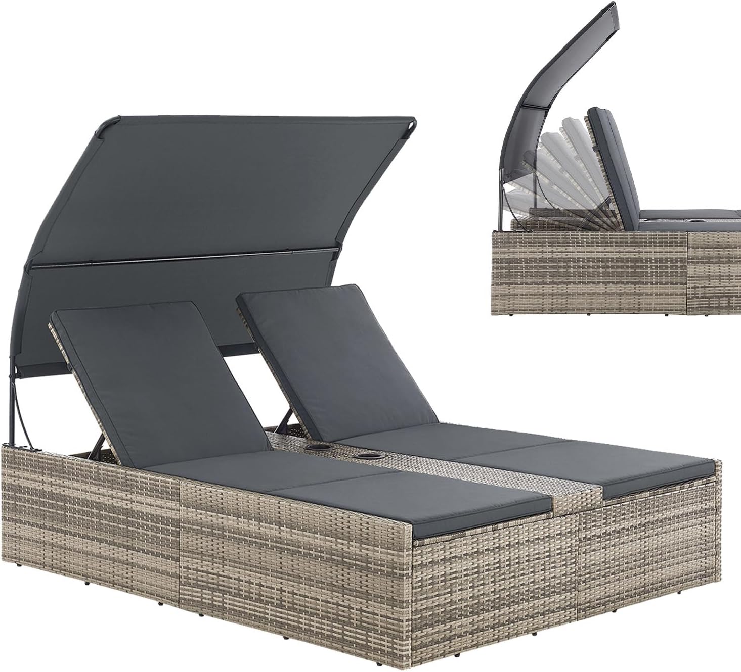 Juskys Polyrattan Doppelliege Syros, Garten Sonnenliege für 2 Personen, Outdoor Liege mit Dach & Auflagen, Kopfteil verstellbar, Grau-meliert