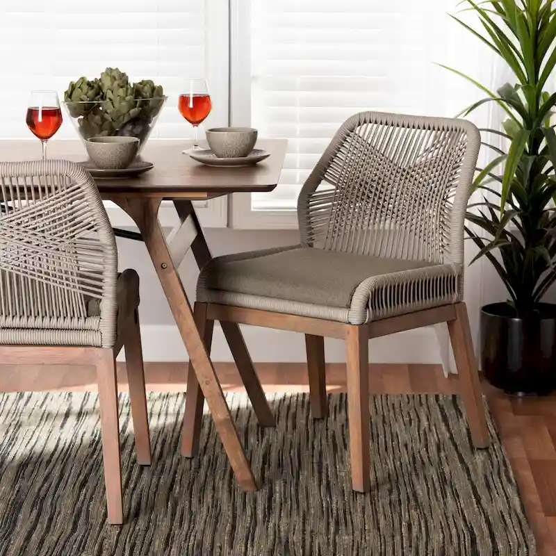 Modern Transitional-Style Rope-Woven Mahogany Dining Chair — Gray