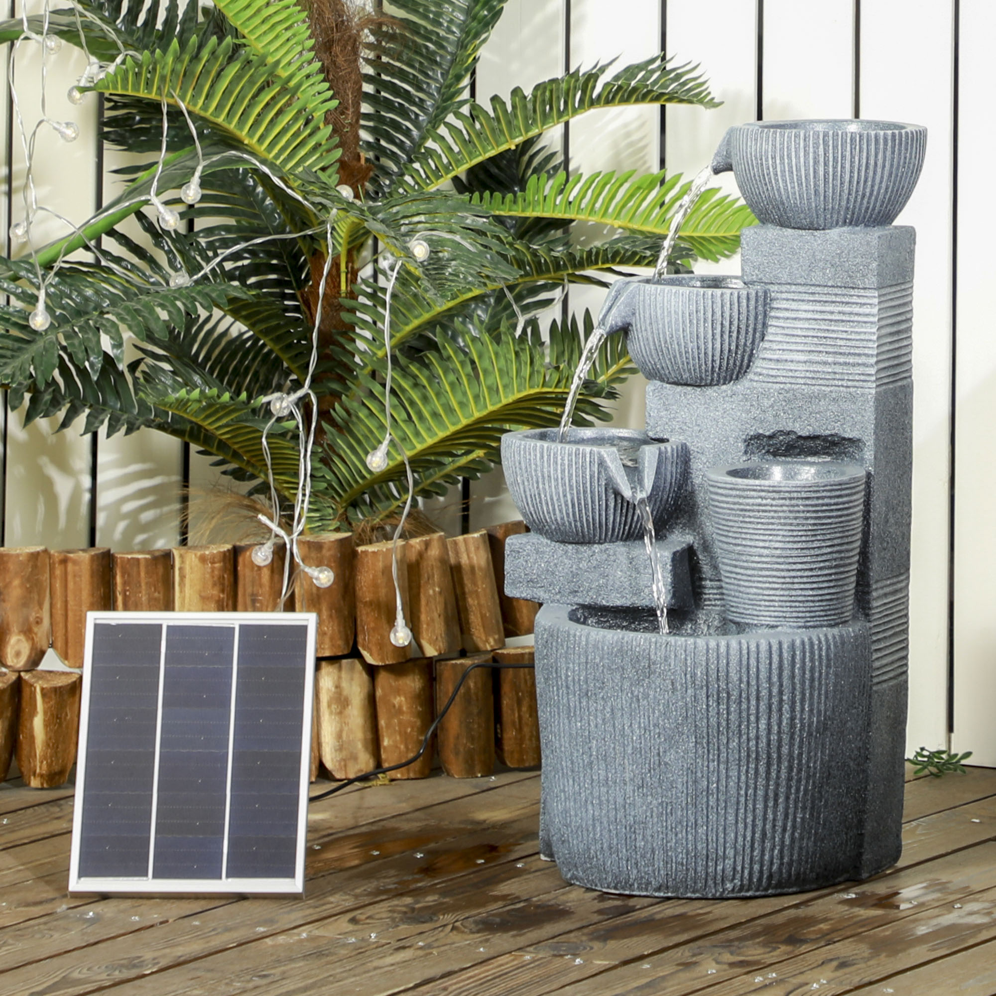 Outsunny Gartenbrunnen, Naturoptik, 4-stufig, Solarbetrieb, LEDs, 57cm Höhe, Dunkelgrau