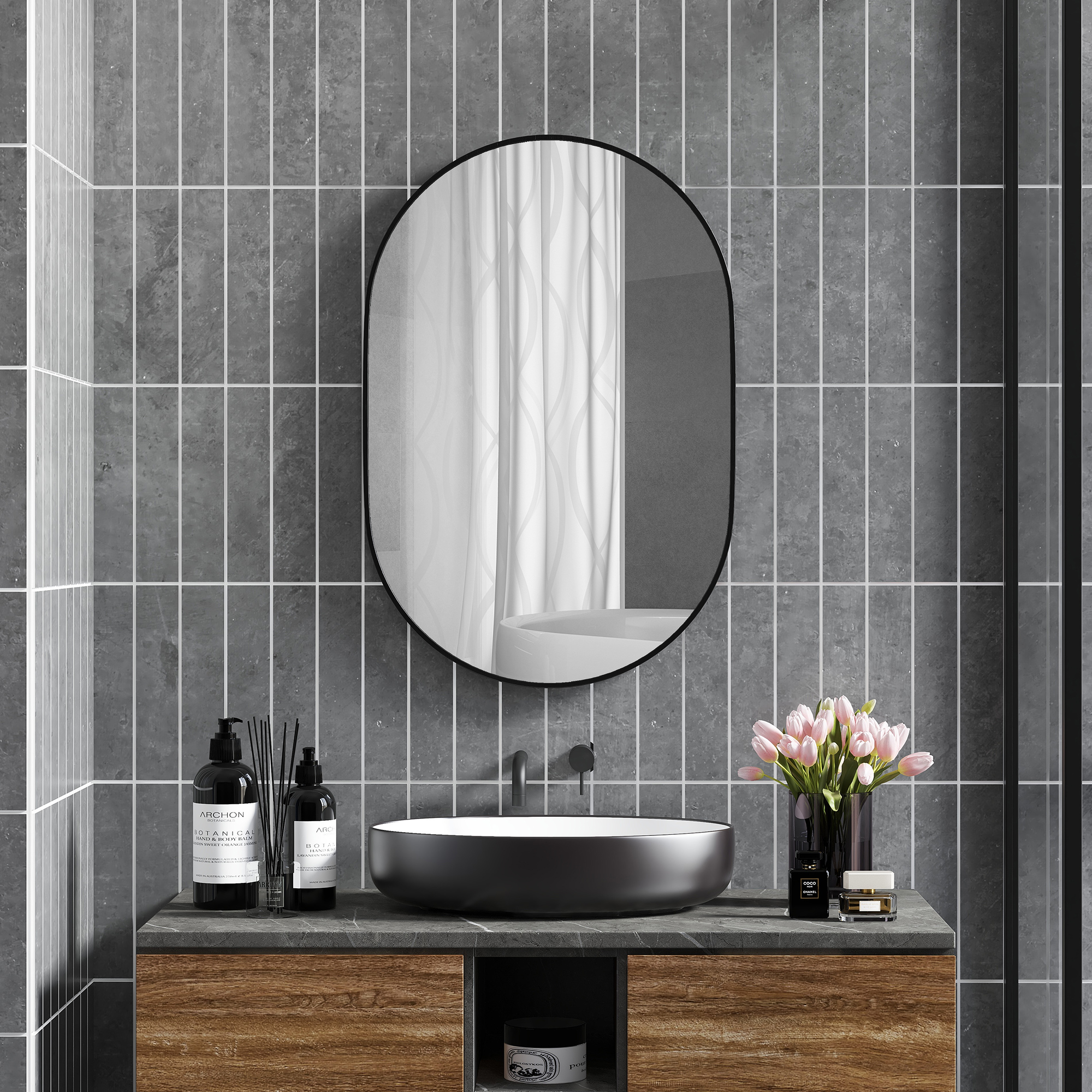 HOMCOM Badezimmerspiegel, ovale Form, horizontal/vertikal, 60L x 90B x 3H cm, Schwarz