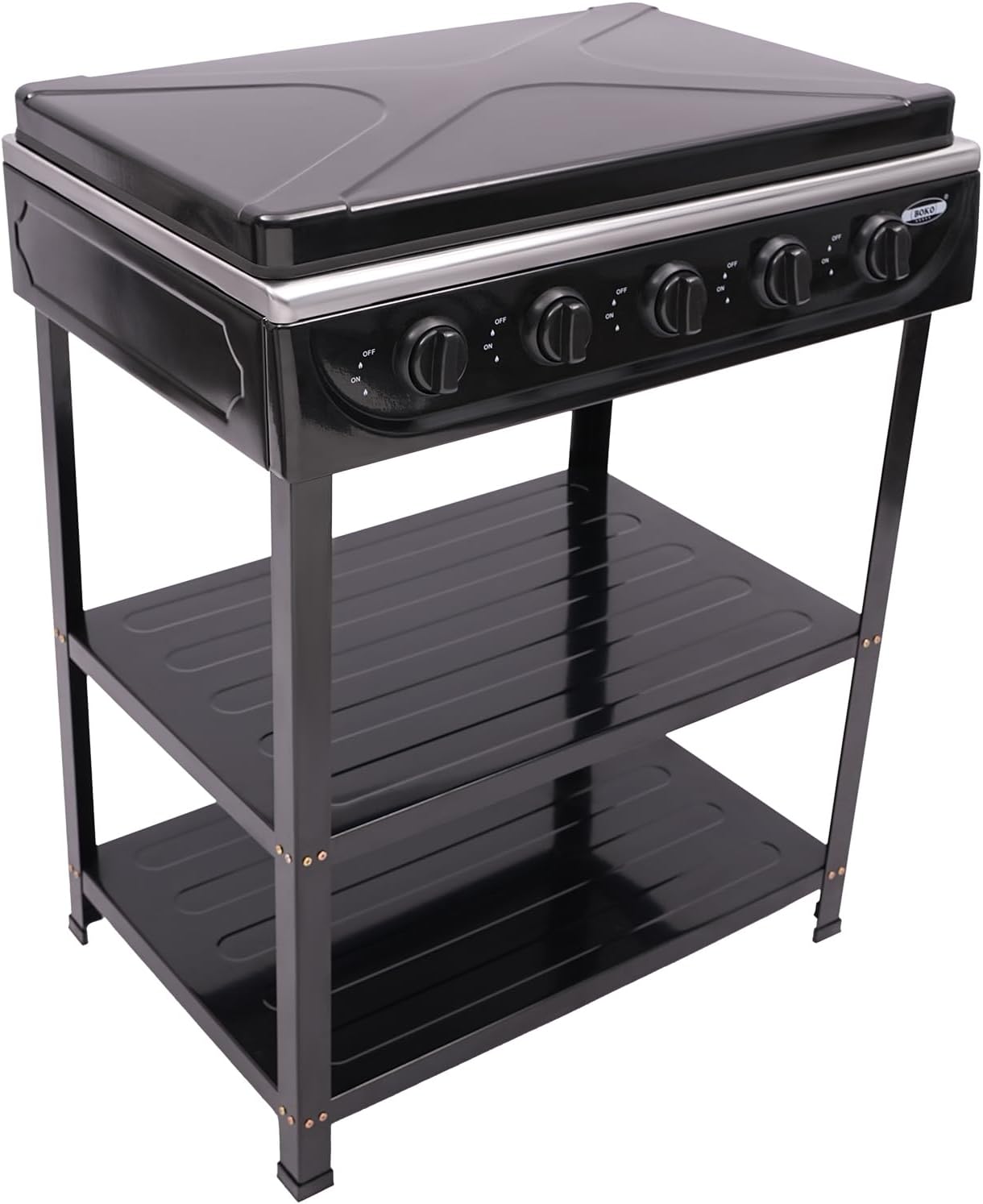 HarBin-Star Piano Cottura a Gas 5 Fuochi con Supporto Antiscivolo, Carrello per Barbecue con Coperchio, Fornello Indipendente da Campeggio, 61,5 x 42,5 x 82 cm (Nero)