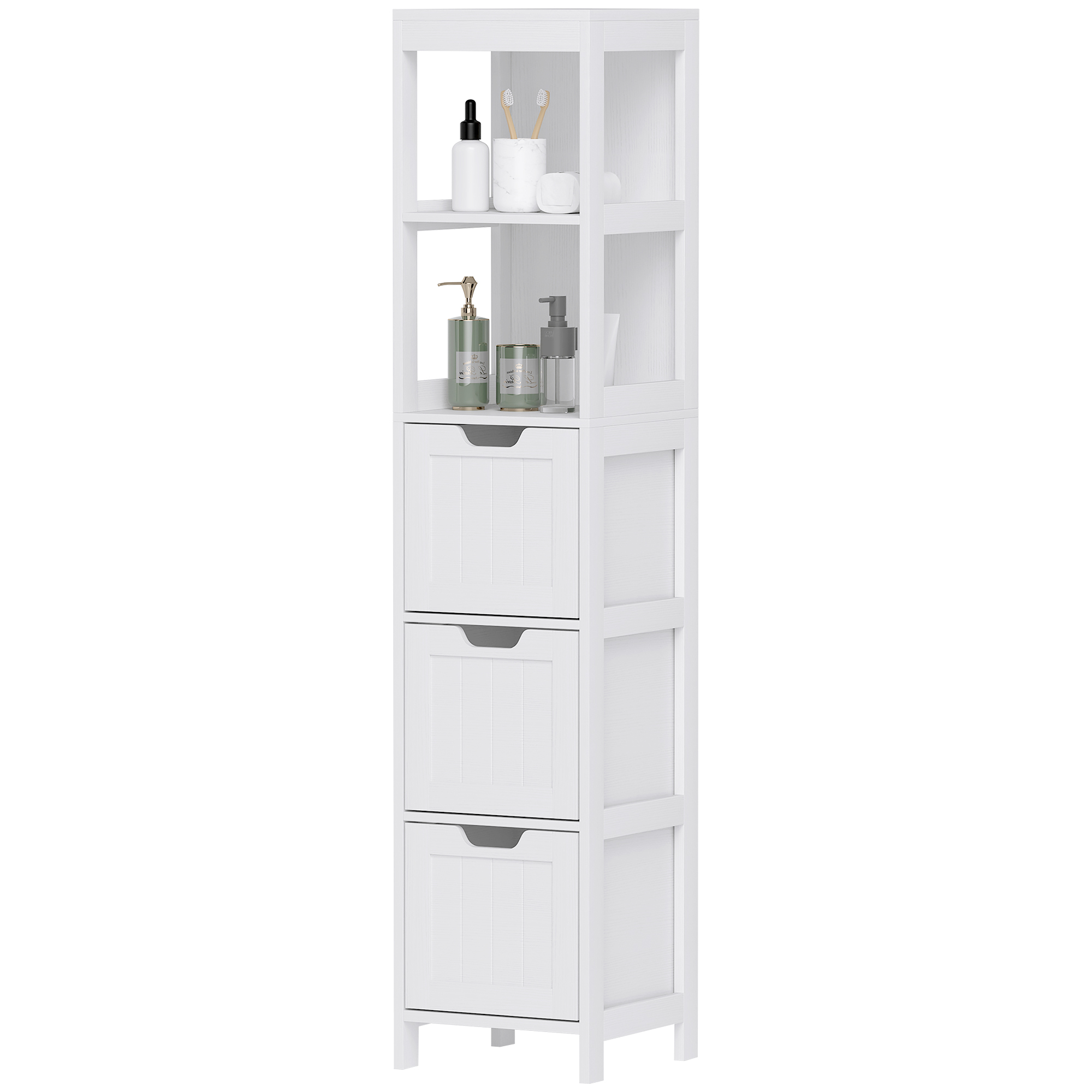 HOMCOM Badezimmerschrank, 2 Regale, 3 Schubladen, wasserabweisendes Material, Weiß