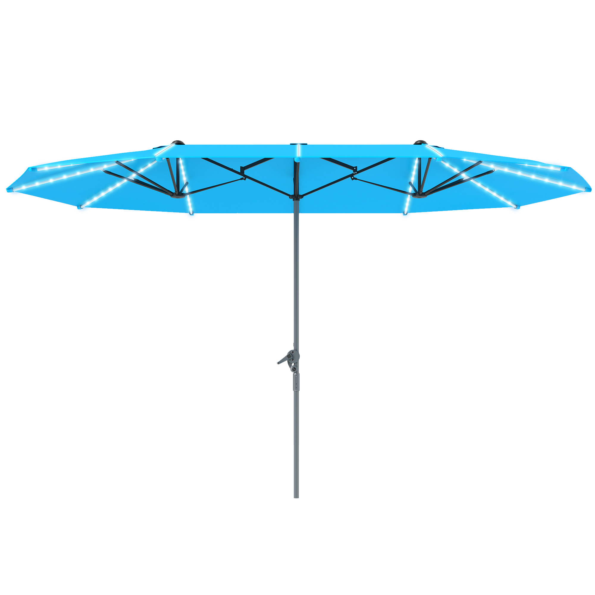 Outsunny Doppelschirm mit Solar-Lichtern, Aluminium, Polyester, UPF50+ Schutz, UV-beständig, Terrassenschirm, Blau