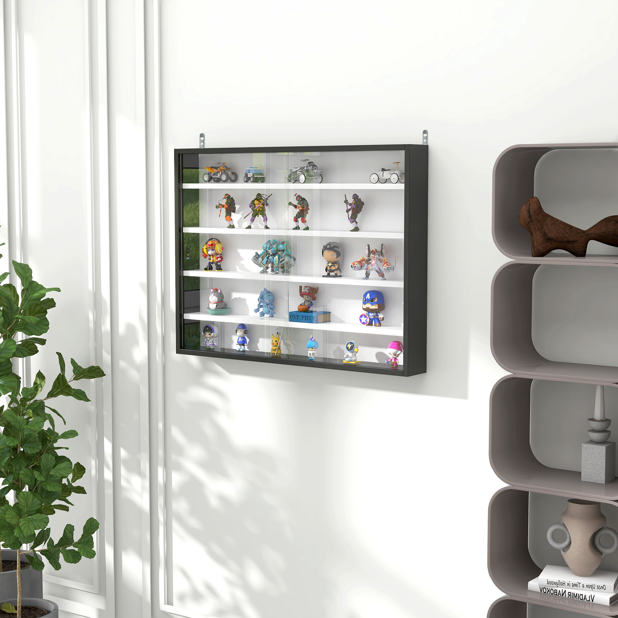HOMCOM Wandvitrine für Sammlerstücke 5 höhenverstellbare Regale und 2 Glasschiebetüren 80 x 9,5 x 60 cm Schwarz