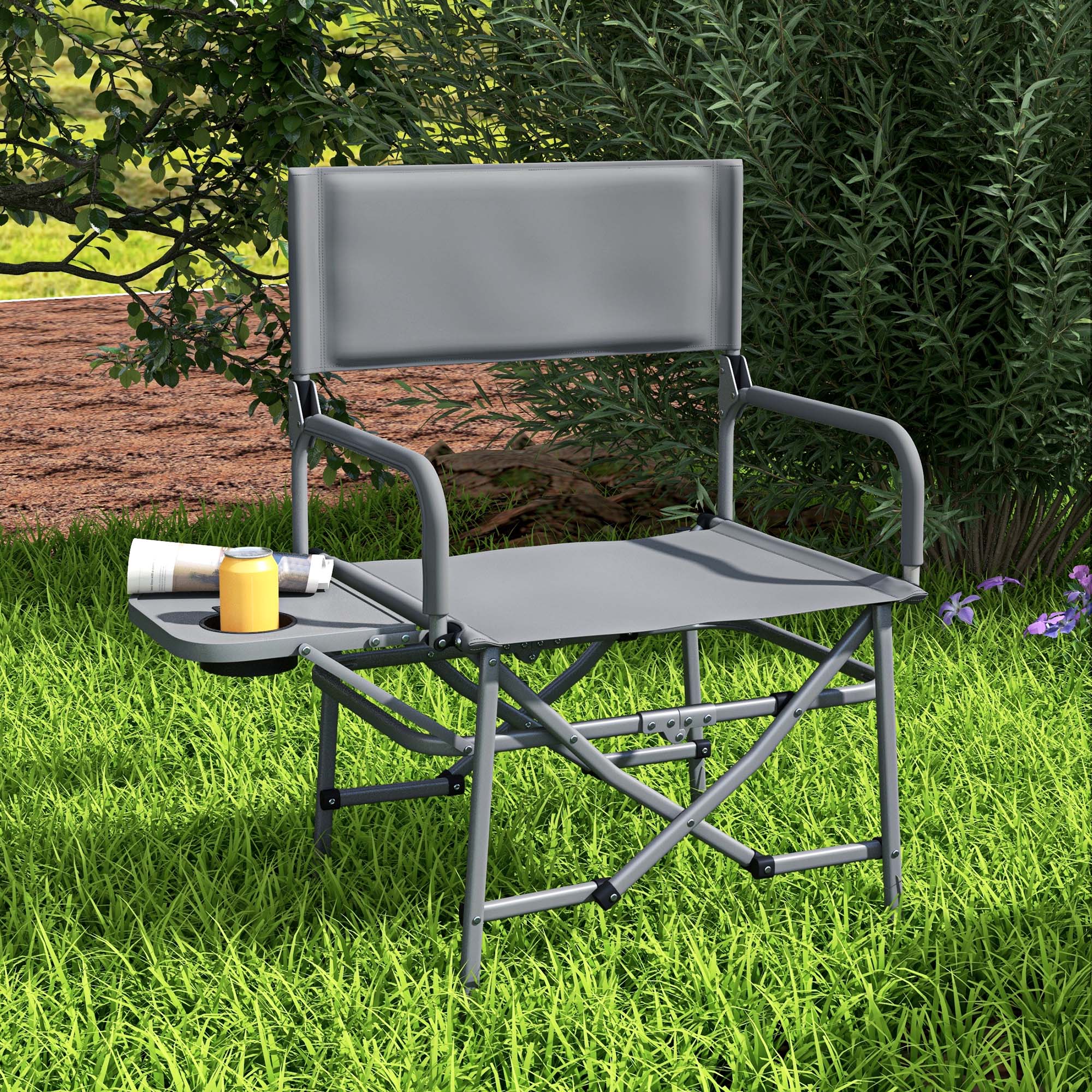 Outsunny Campingstuhl Gartenstuhl faltbar mit Tablett und Getränkehalter für Garten, Angeln, Strand, Picknick, Grau