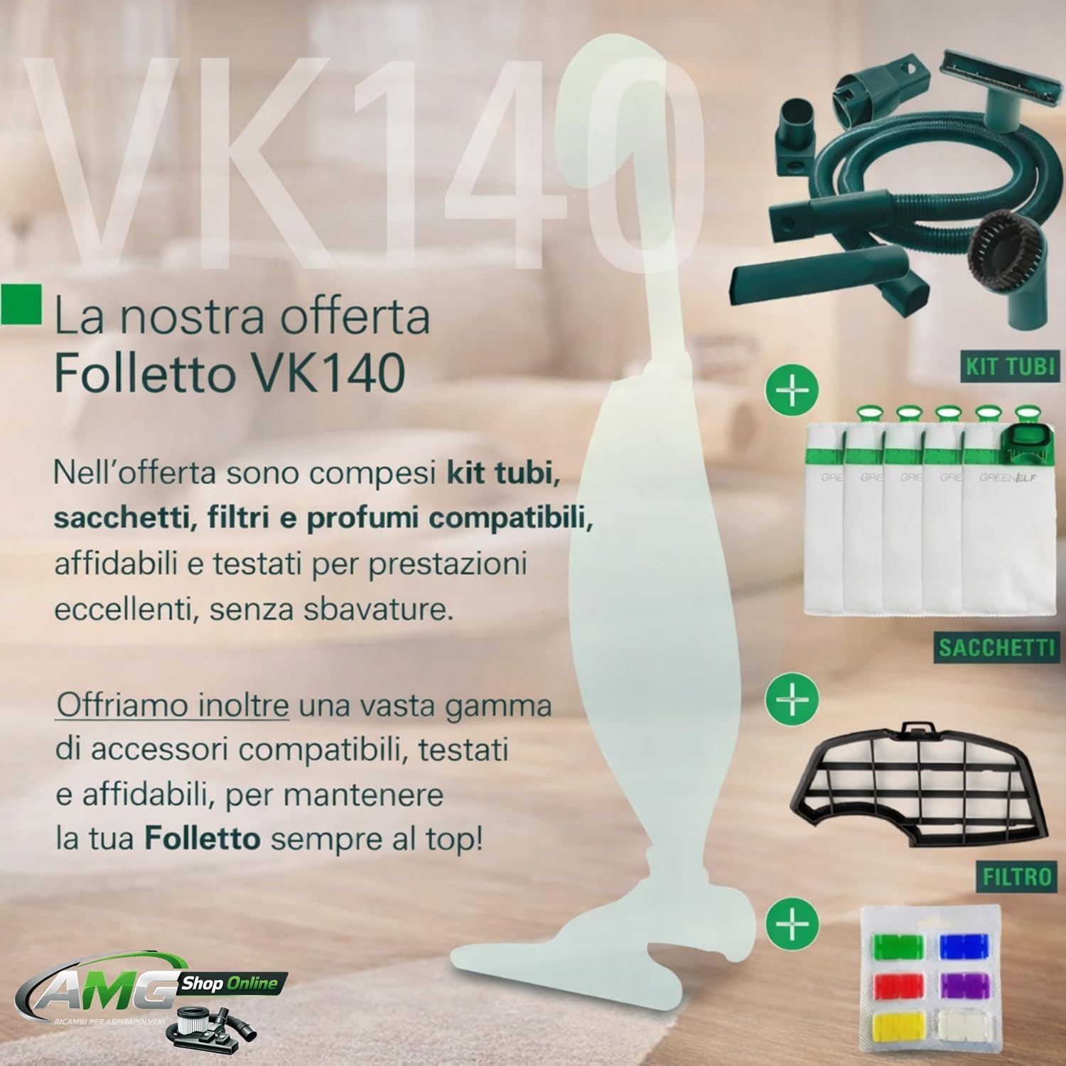 Aspirapolvere FOLLETTO VK140 + Spazzola HD40 + 6 Sacchetti + Tubi + Girasole - Sacco 2,5L, Filtri e Profumini Inclusi, Motore Originale, 74 dBA, 3 kg, Garanzia 2 Anni