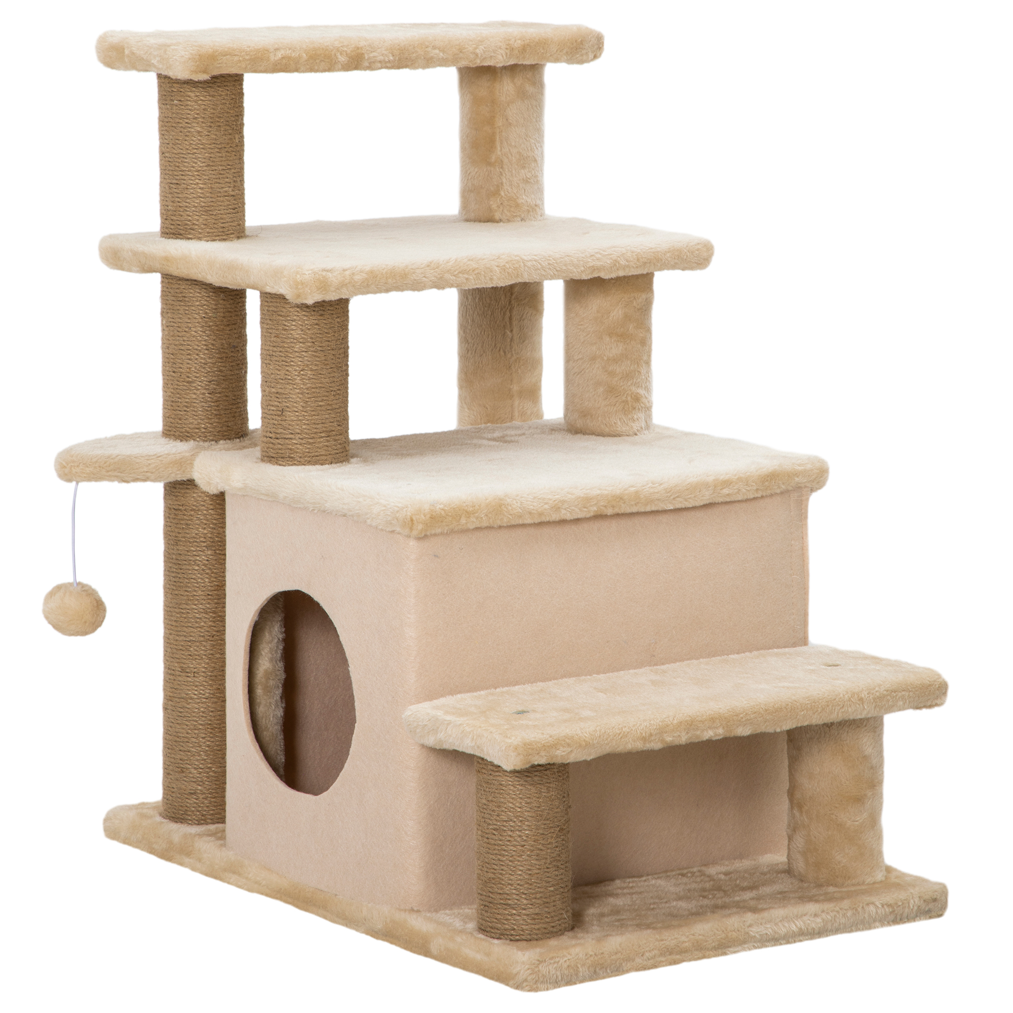 PawHut Haustiertreppe, Kratzbaum, 4 Stufen, Spielball, Häuschen, höhenverstellbar, 60 x 40 x 66 cm, Beige
