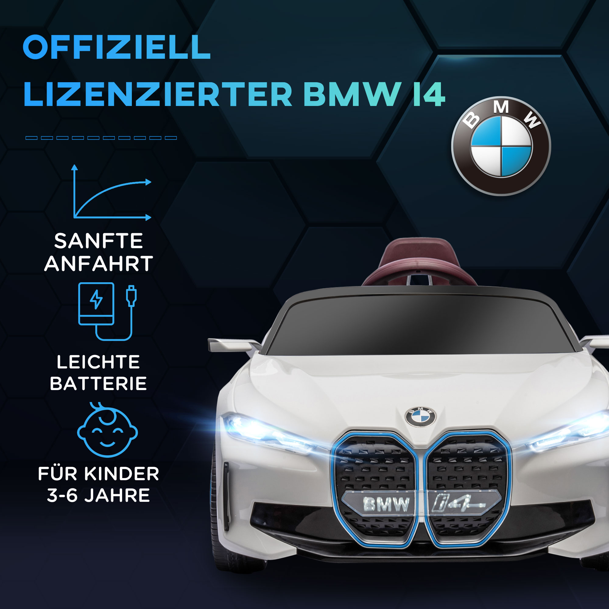 Kinderauto, oplaadbare accu, 3-5 km/u, met afstandsbediening, multimediaspeler, wit