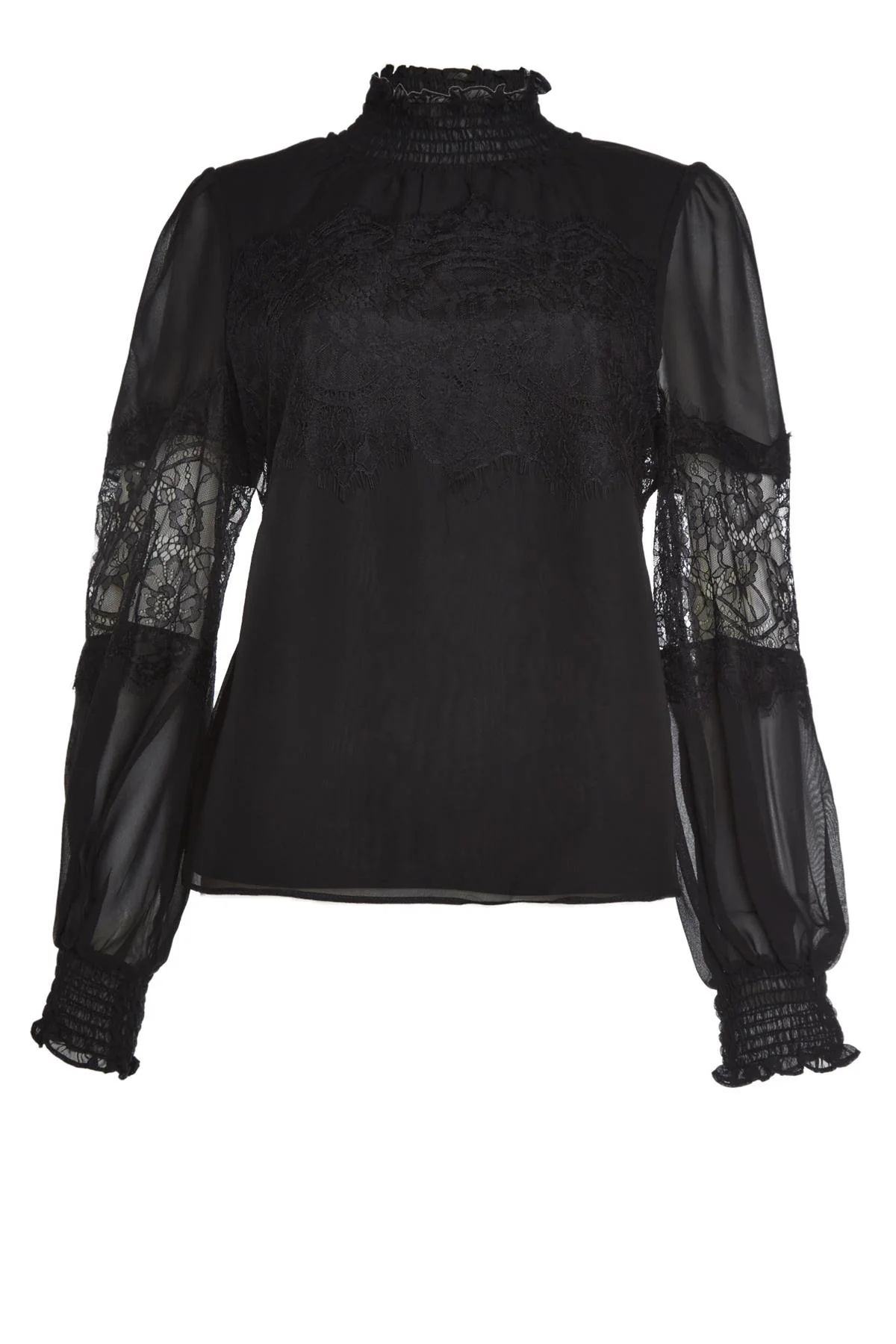 Bethany Black High-Neck Lace Trim Blouse