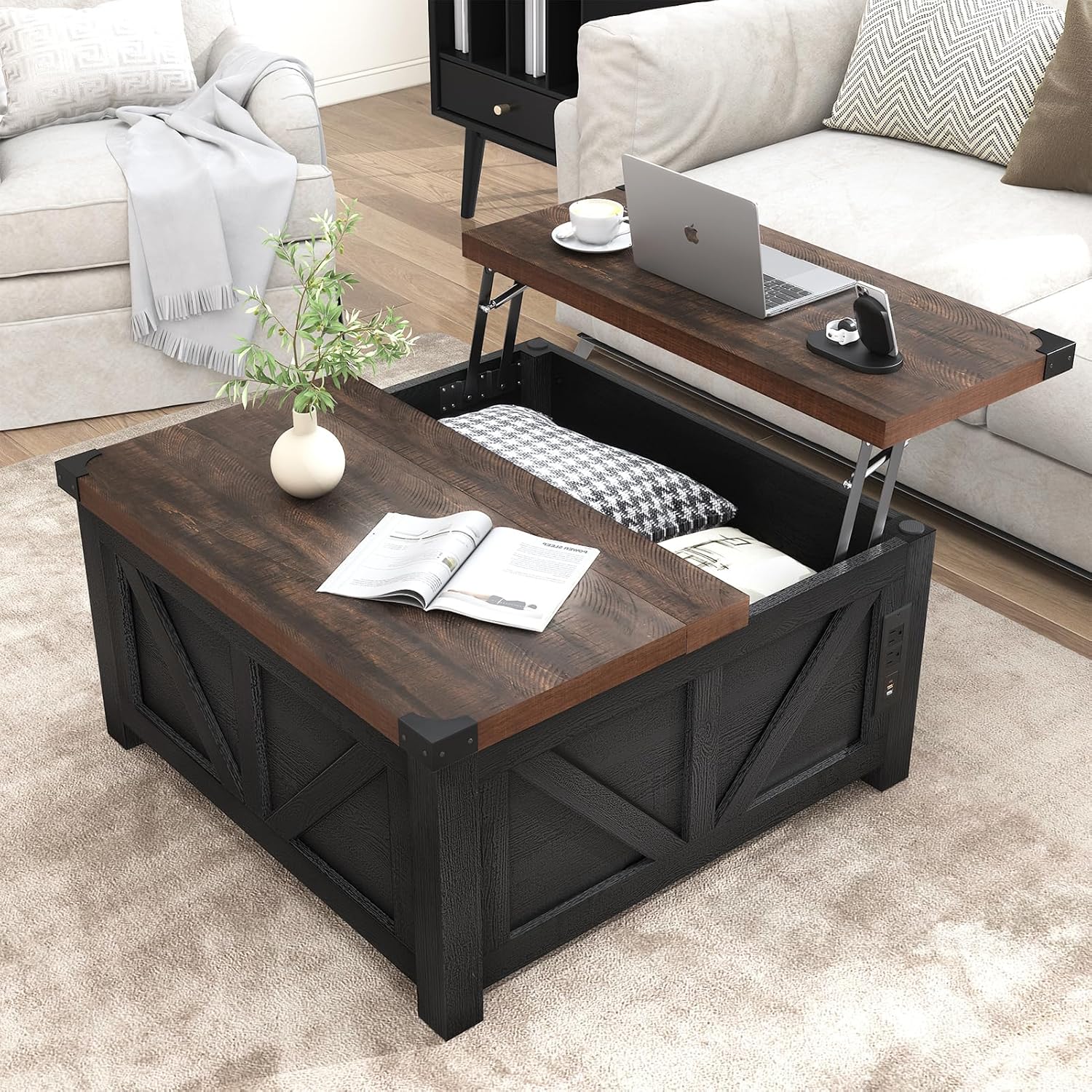 Farmhouse Lift Top Coffee Table with Storage Wood Square Center Table