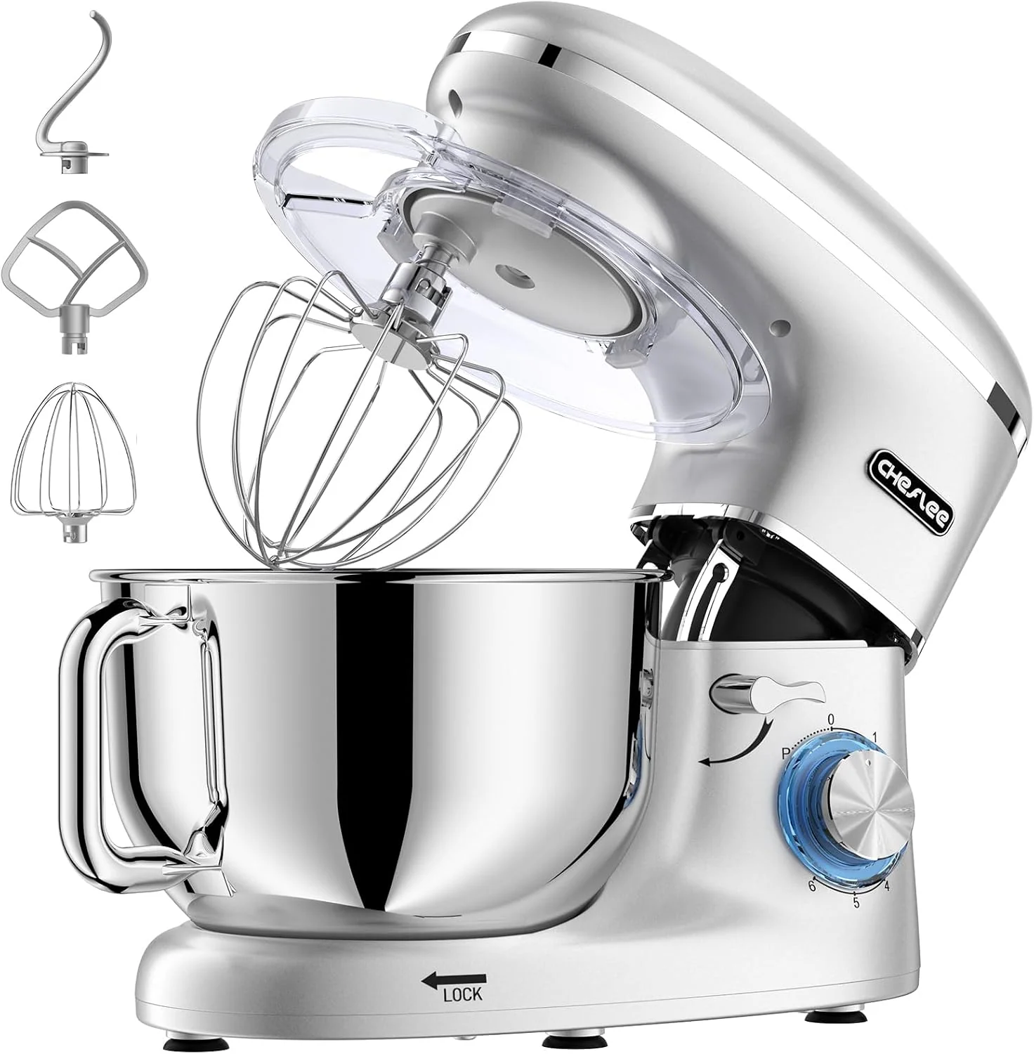 CHeflee Küchenmaschine Teigmaschine 2000W Knetmaschine, Mit 6.2L EdelstahlschüSsel,6 Geschwindigkeit Reduzierte GeräUsche, Mit RüHrbesen, RüHrhaken