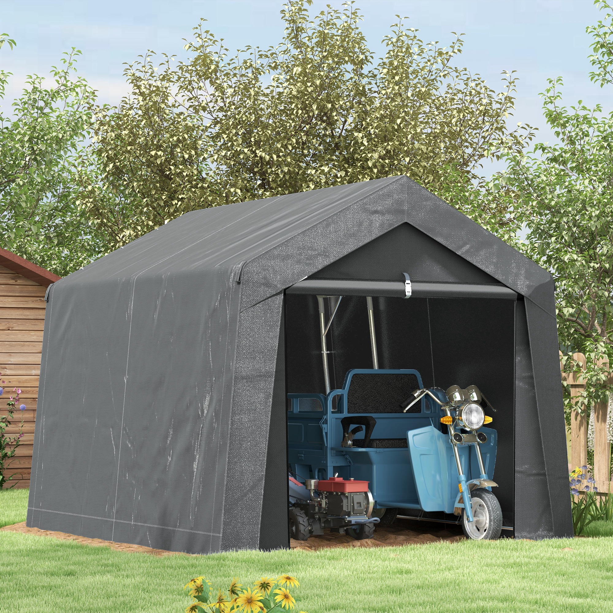 Outsunny Gartenhaus tragbare Aufbewahrungstent für den Außenbereich mit verzinktem Stahlrahmen und große Tür 3 x 3 m Dunkelgrau