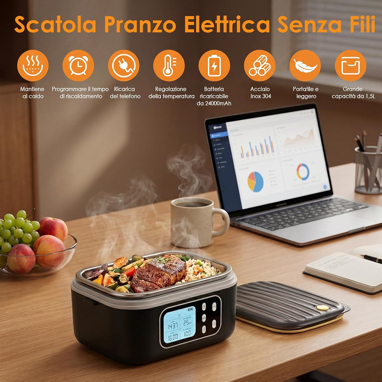 Dreamhigh 1.5L Scaldavivande Elettrico Portatile,Scaldavivande Portatile Con Batteria Ricaricabile 24000 mAh,Riscaldamento Temporizzato e Design Antiperdita per Auto e Lavoro (nero)