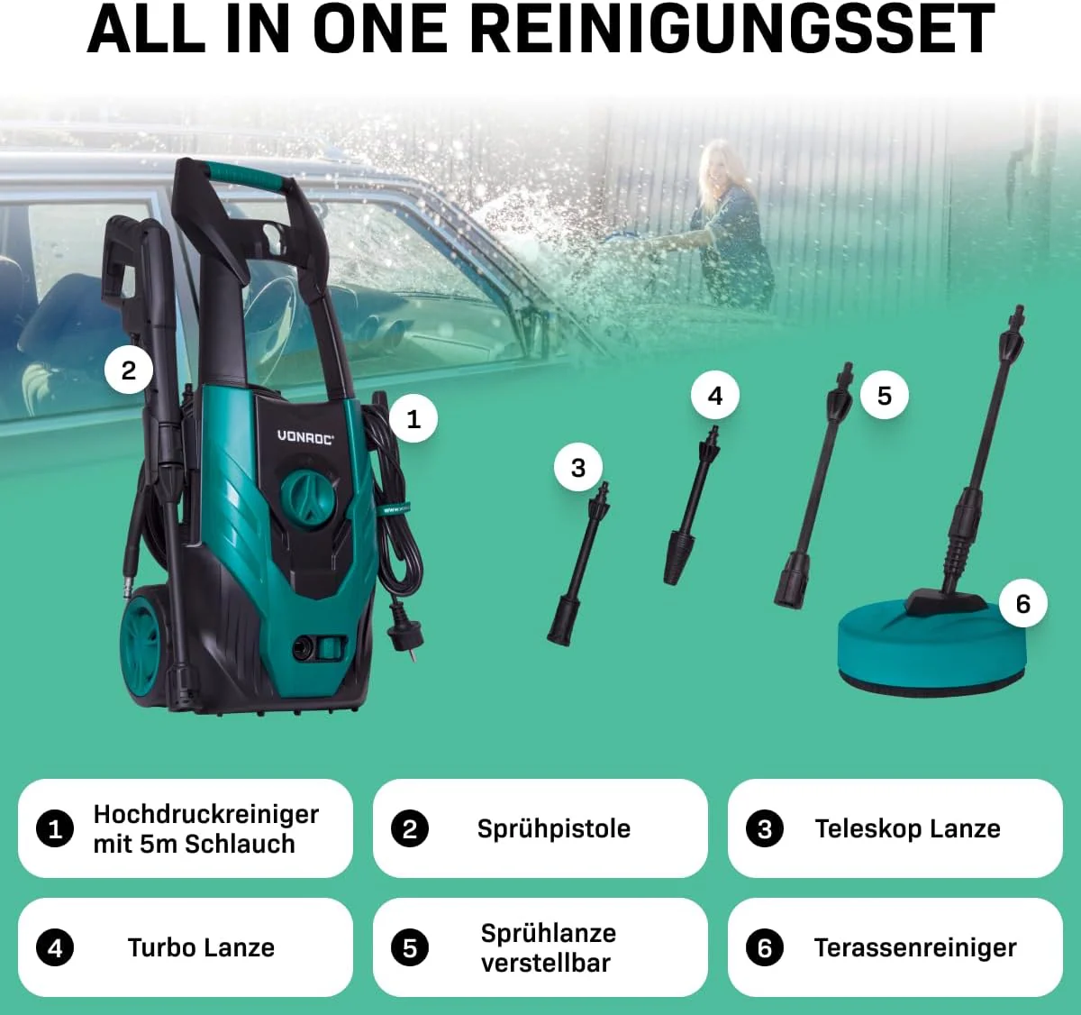 VONROC Professionele hogedrukreiniger 195bar - Gevelreiniger voor zware reinigingswerkzaamheden [2500W] - Hoge wateropbrengst [468 l/u] Reinigingstank, Aluminium Pomp - incl. Terrasreiniger