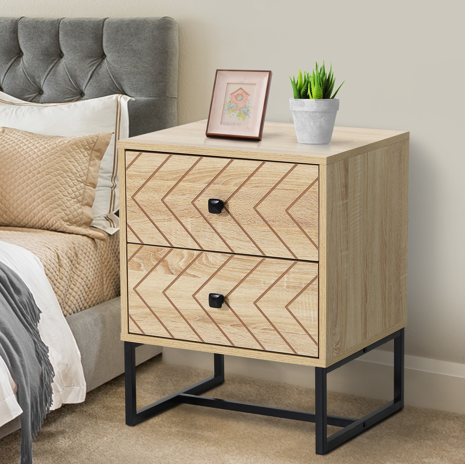 HOMCOM Nachttisch Nachtachrank Nachtkommode mit Holzoptik Beistelltisch mit 2 Schubladen Metall Natur 48 x 39,5 x 60 cm