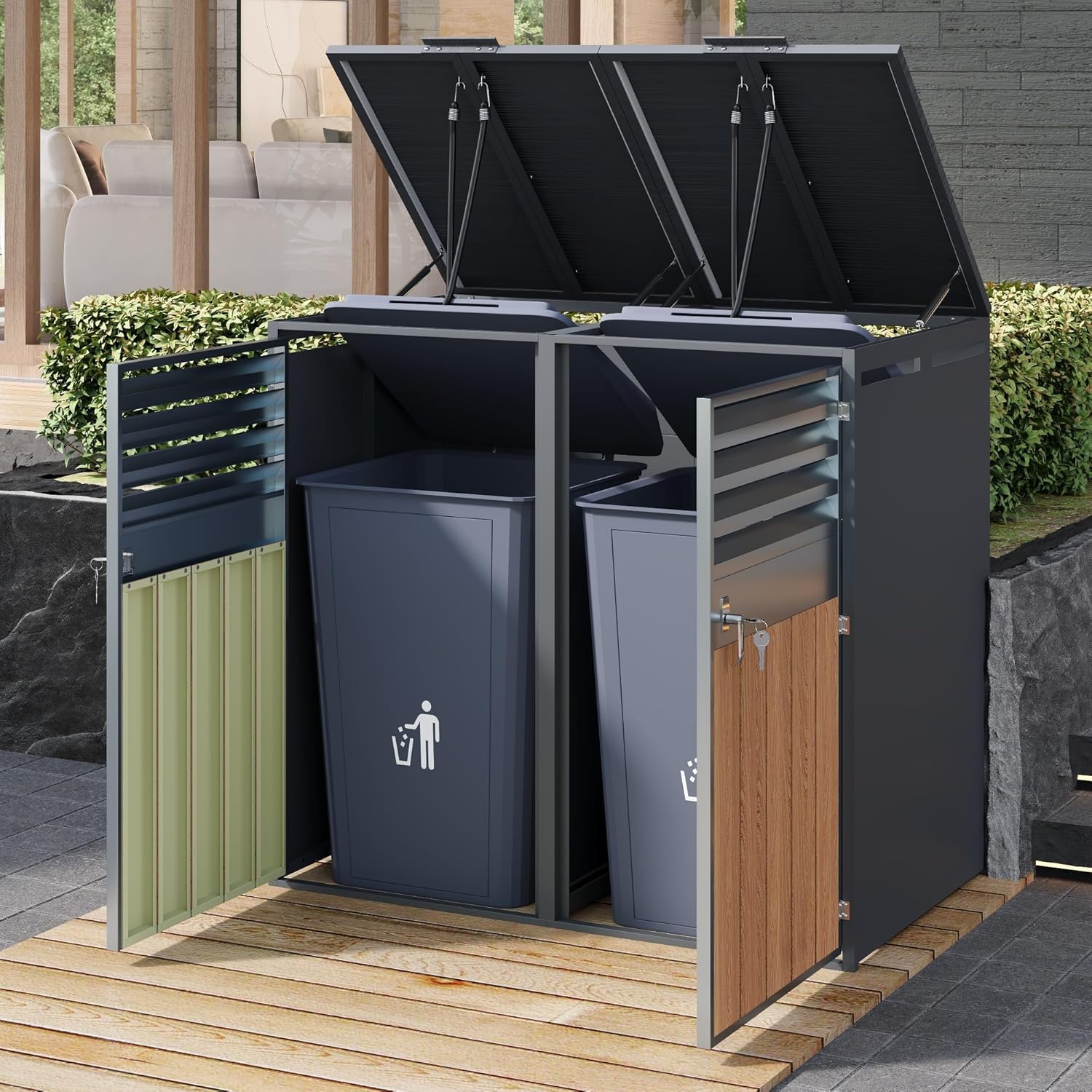 Mülltonnenbox 2Er Für 2 Mülltonne Bis 240L Mit Klappdeckel, Lüftungsöffnung Mit Lamellen, Trash Storage Compartments,Abschließbar, Zwei Türen, Garten Müllbox, Mülltonnenverkleidung,2 Bin