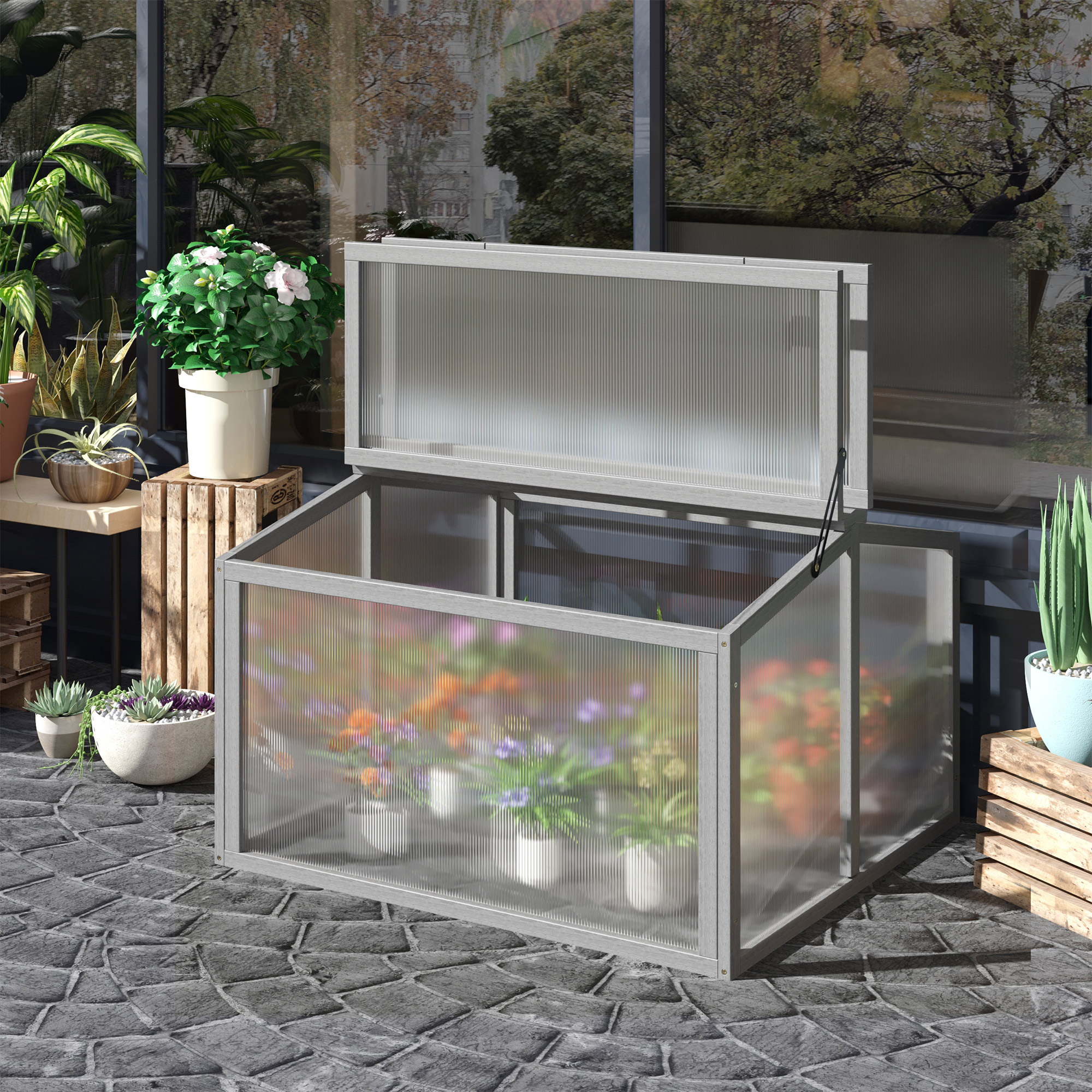 Outsunny Frühbeet Treibhaus Gewächshaus Frühbeetkasten Pflanzenbeet mit Abdeckung aus Holz und Polycarbonat wetterfest Hellgrau 90 x 80 x 58 cm