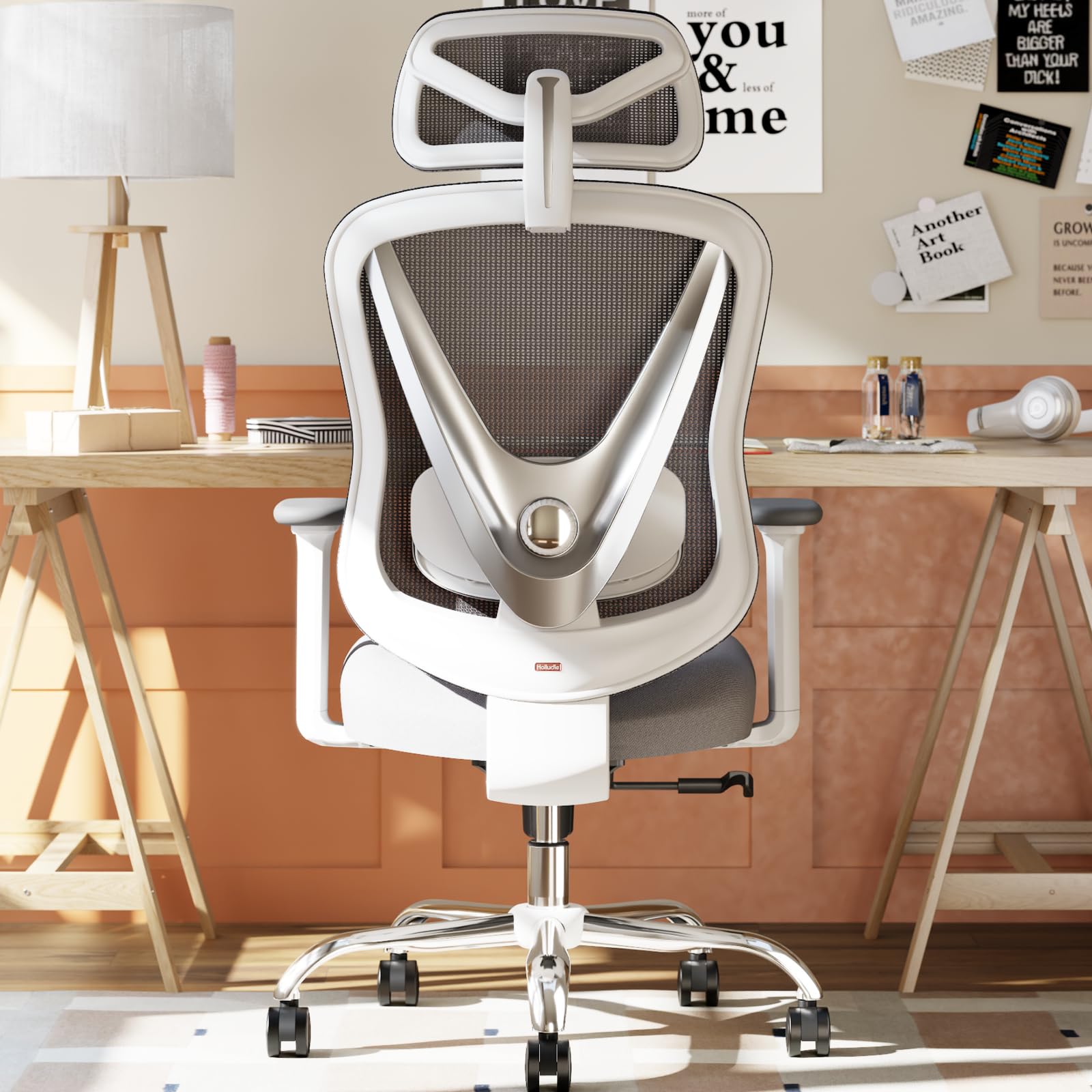 Holludle Ergonomischer Bürostuhl 3D Lendenstütze 3D verstellbare Armlehnen V Form Rücken Büro Zuhause Weiß