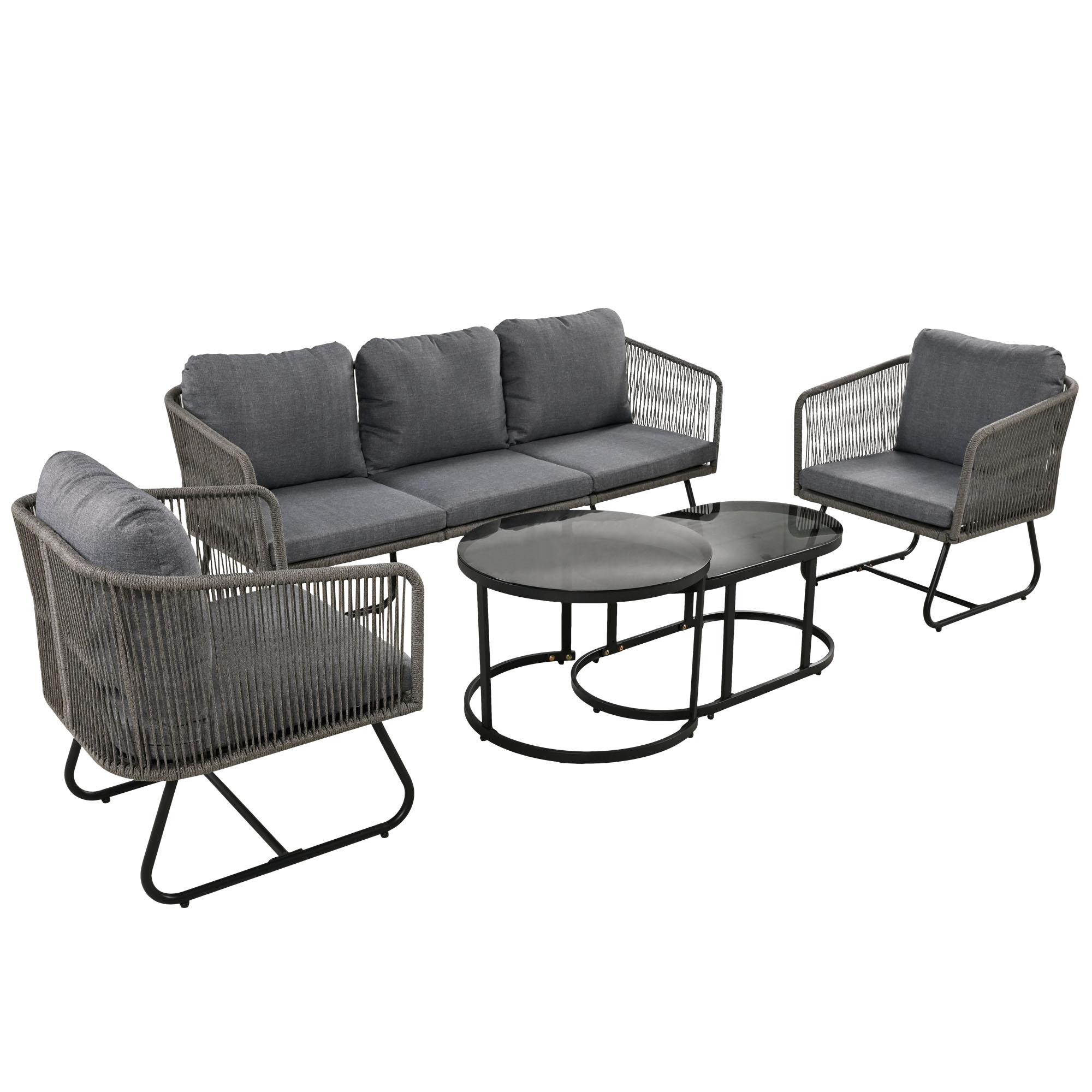 5-teiliges Garten-Lounge-Set mit Seil, verstellbare Füße, glatte Glas-Tischplatte, inklusive Sitz- und Rückenkissen, Grau