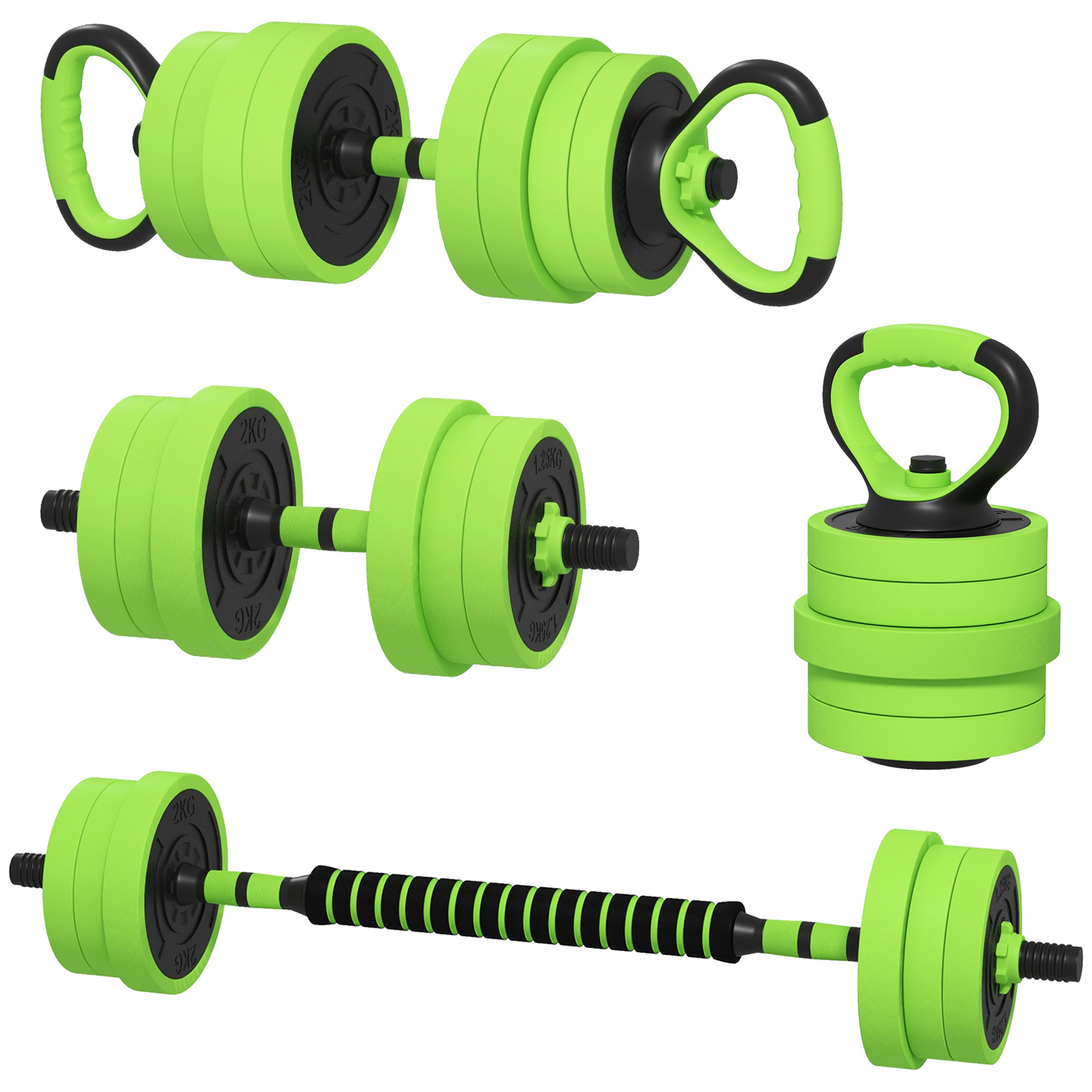 SPORTNOW 4 in 1 Hanteln Set 20 kg verstellbare Kurzhantel & Langhantel Kettlebell Liegestützgriffe Grün