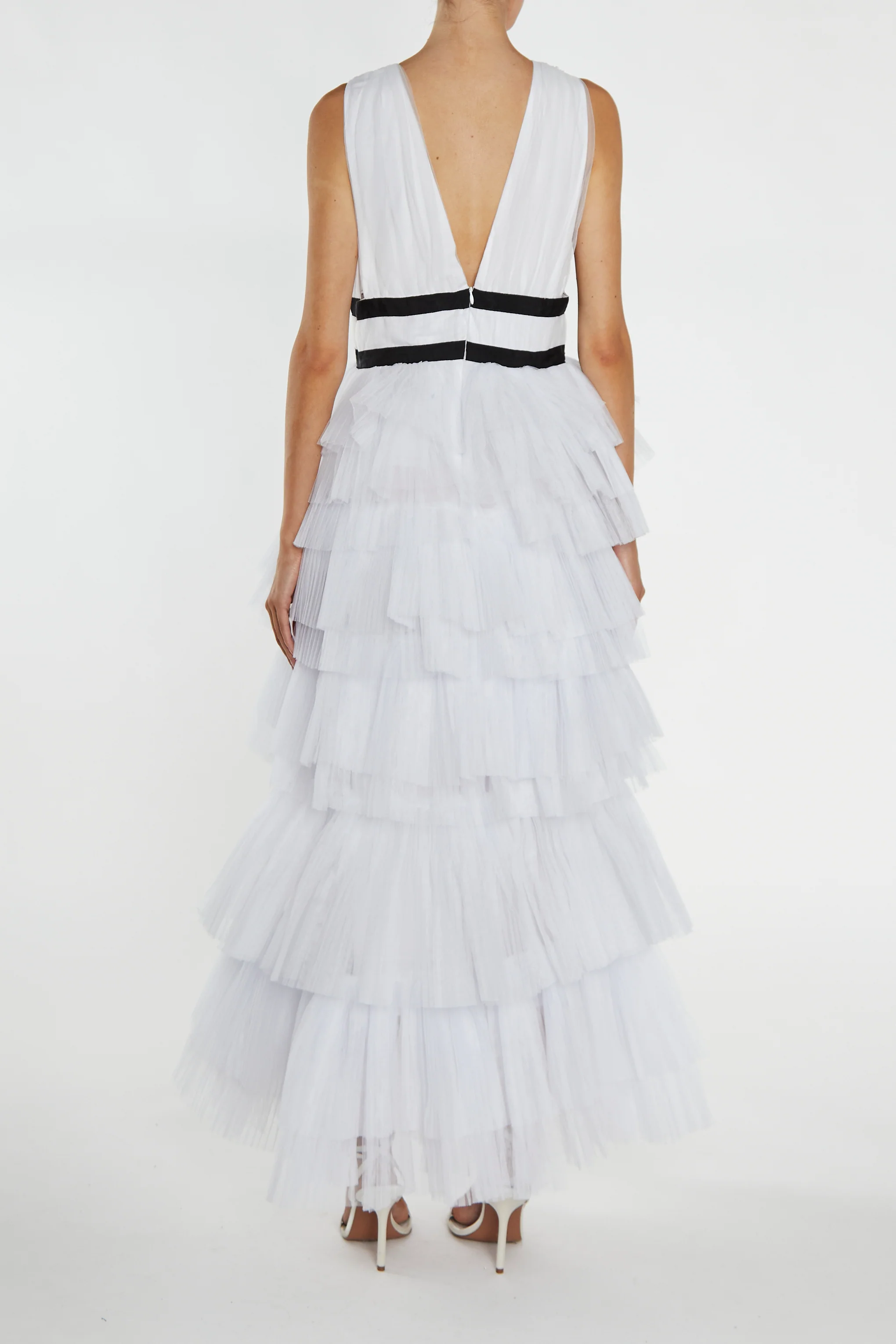 Eliza White Plunging Neck Layered Tulle Skirt Maxi-Dress
