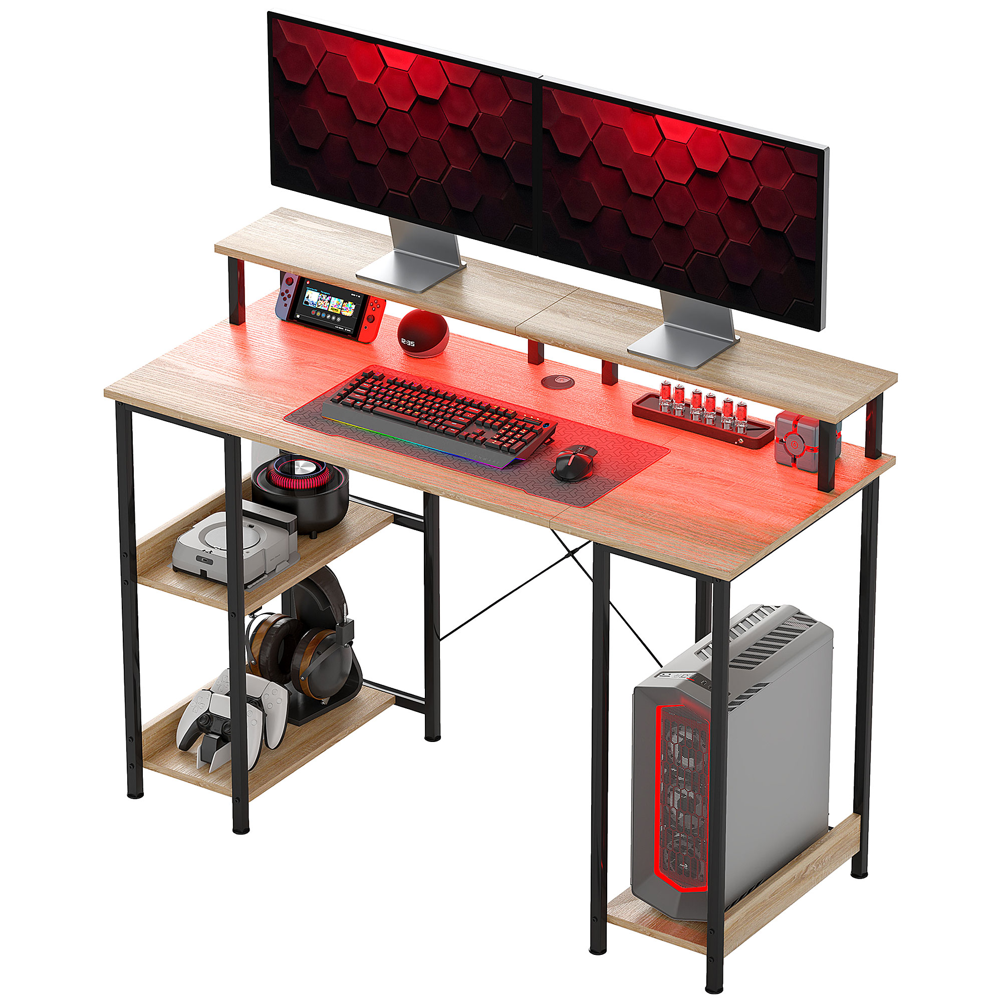 HOMCOM Computertisch 120 cm Schreibtisch mit Aufbewahrung mit LED-Lichtern, Aufbewahrungsregale, Bildschirmhalter, natur