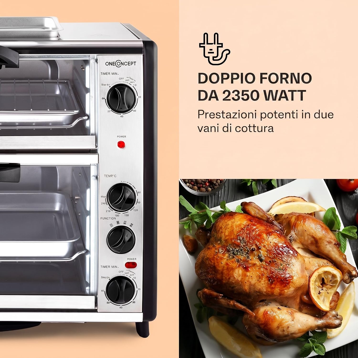 oneConcept All-You-Can-Eat forno doppio - forno elettrico, due vani separati, 42 litri, piastra grill, 2400 W, temperatura regolabile: 60-240°C, acciaio inossidabile, argento