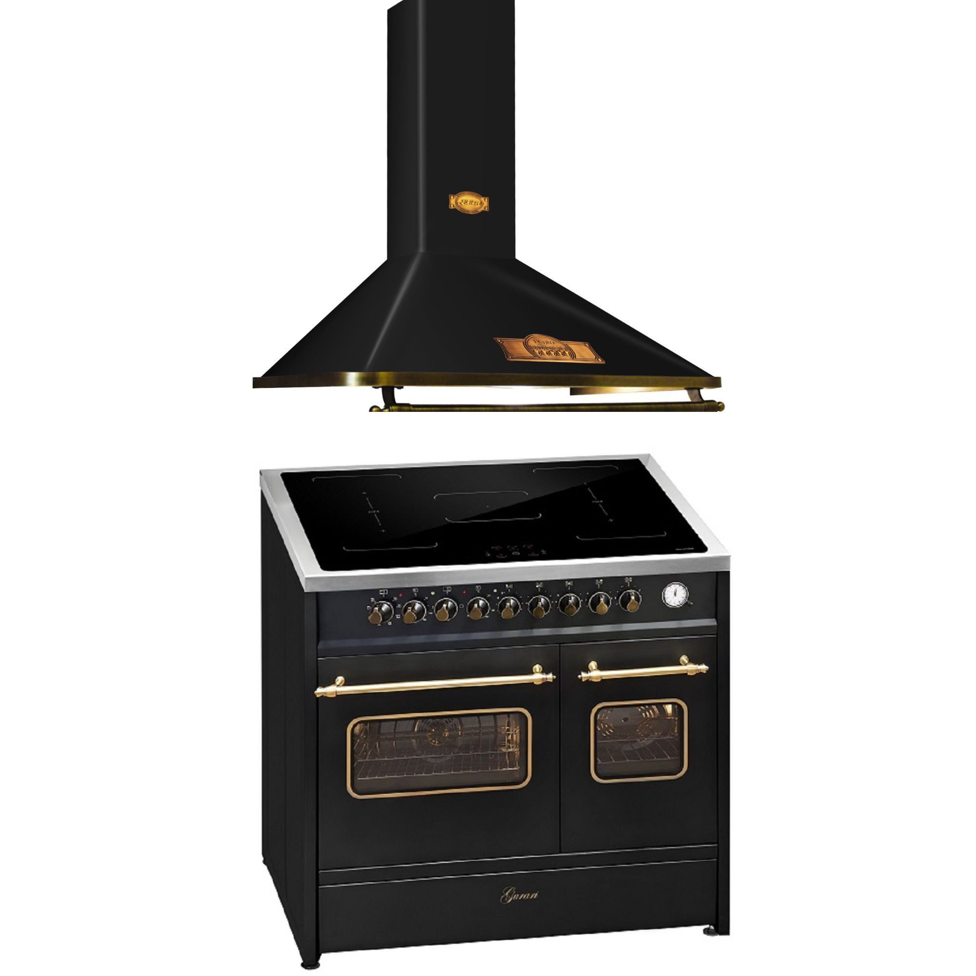 Induktions-Standherd Retro Elektro Standherd 90 cm, Range Coocker mit FLEX Induktion+Retro Dunstabzugshaube 90 cm E 913 DF RU BL+A 9315 Em ECO.