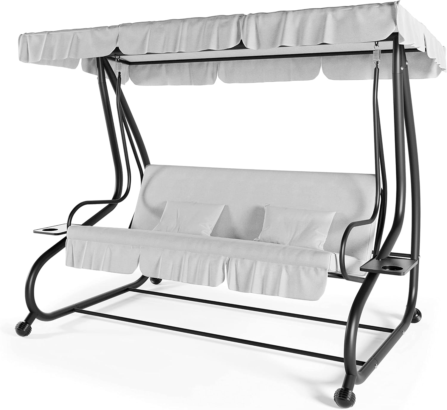 3-Seater Reclining Swing Chair with Padded Cushions Sun Shade Adjustable Canopy Becomes Bed Structure Sturdy Painted Steel Garden Outdoor Balcony Terrace Pool 200 x 120 x 160 cm Grey