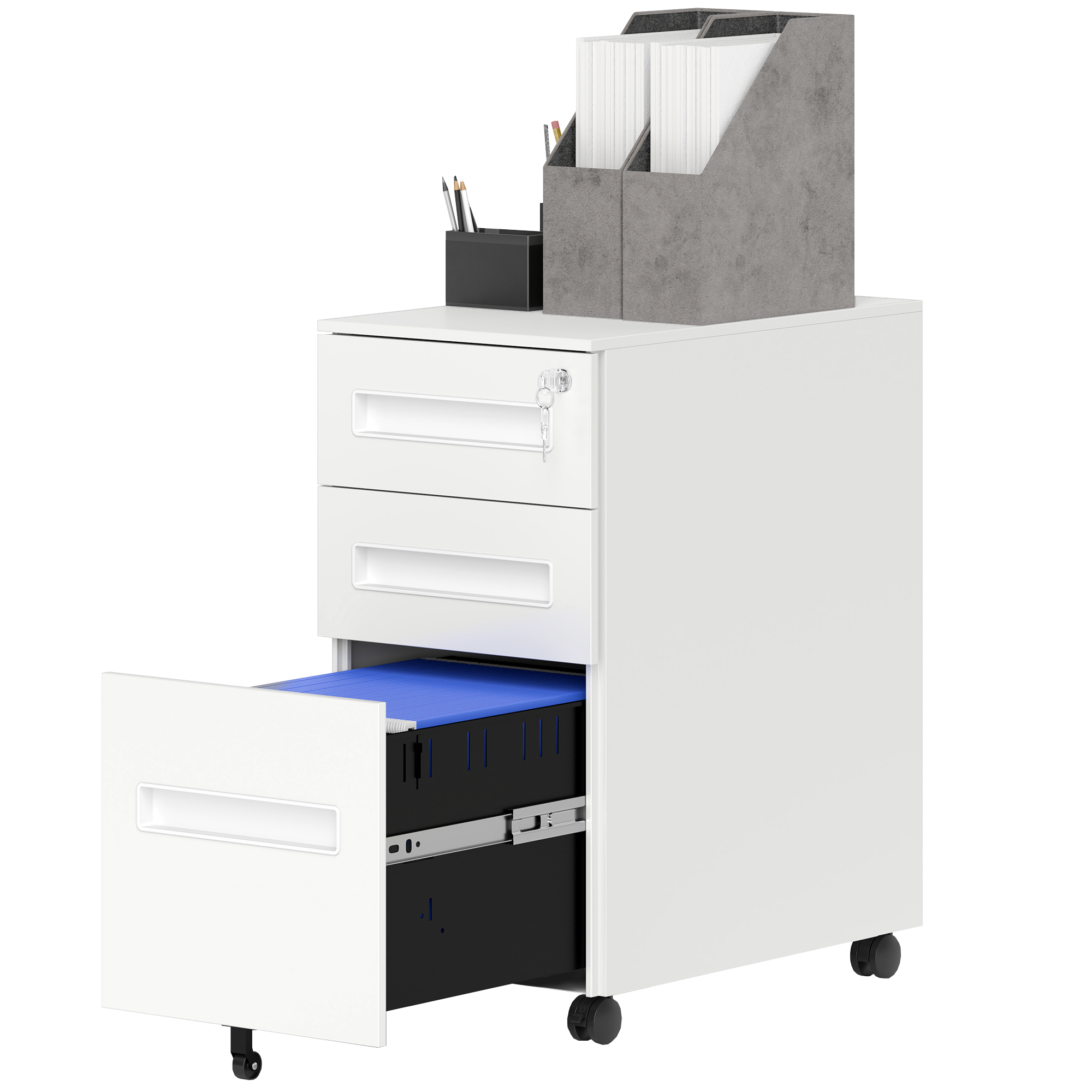 Vinsetto Dokumentenschrank aus Stahl mit 5 Rollen und 2 kleinen Schubladen und Stiftefach, 30x43.5x60 cm, Weiß