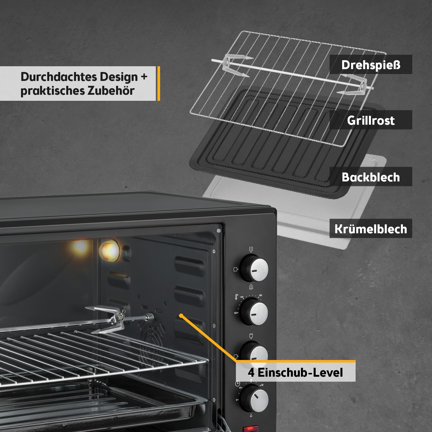 Minibackofen 60 L mit Umluft und Drehspieß, 2000 W, bis 230 °C, 60-Min-Timer, 4 Einschubhöhen, Backblech, Grillrost