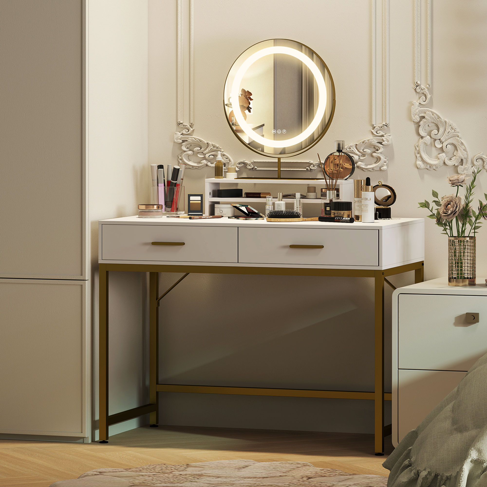 Kaptafel met 360�� Spiegel, LED-verlichting, 2 Laden, Wit/Goud
