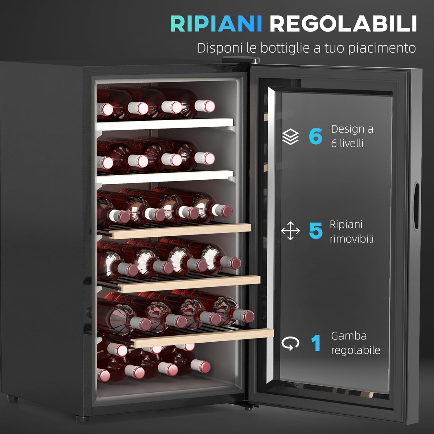 HOMCOM Cantinetta Vino Refrigerata 41 Bottiglie 91L Cantina Vino Silenziosa Temperatura Regolabile 5-20℃ Frigo Vino Bar con Vetro Anti UV, Ripiani, Compressore, Display Touch, Luci LED, Classe G, Nera