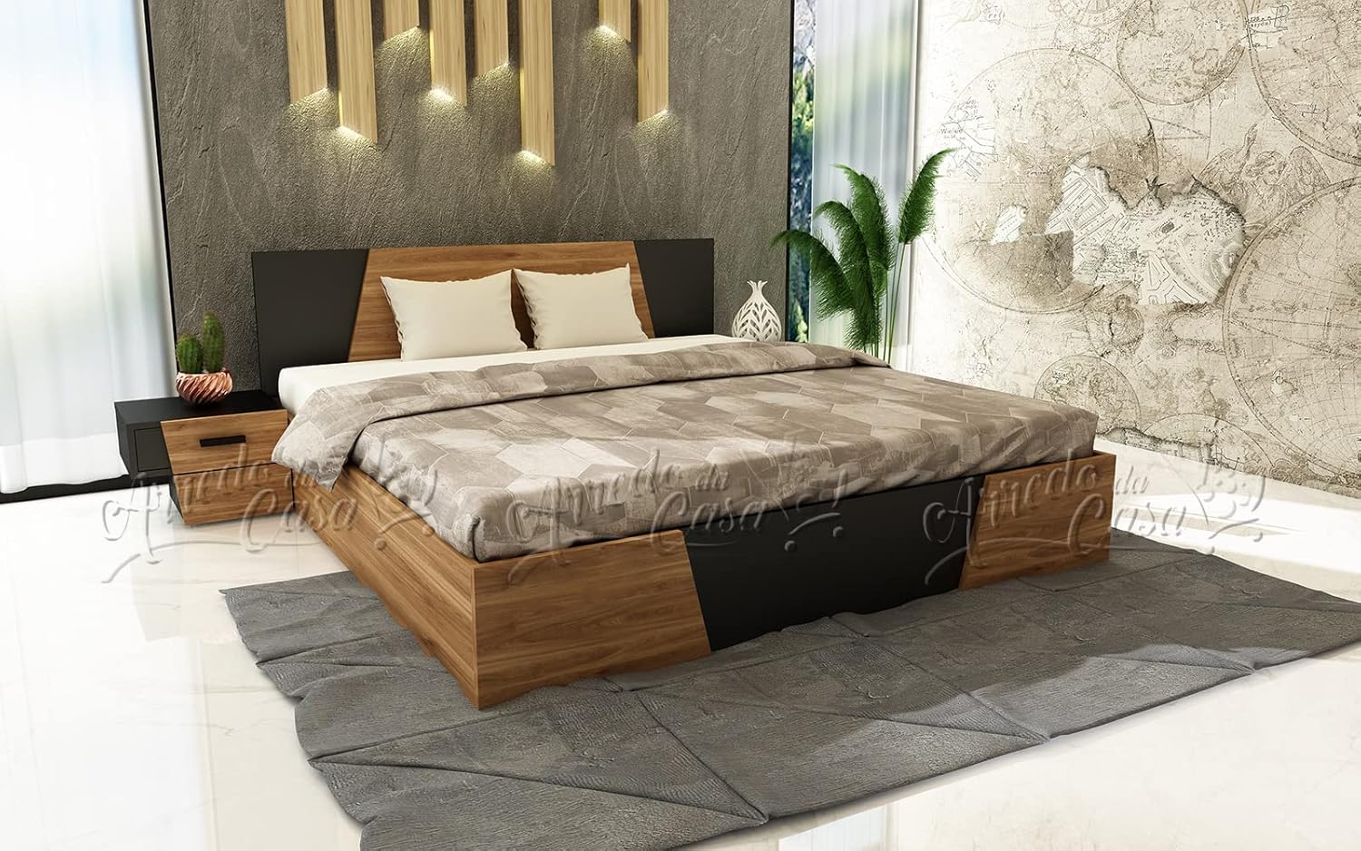 CDLU33 Complete Double Bedroom Black and Dark Oak with 2 Sliding Doors Wardrobe with Mirror Double Bed 2 Bedside Tables and 1 Dresser CDLU33