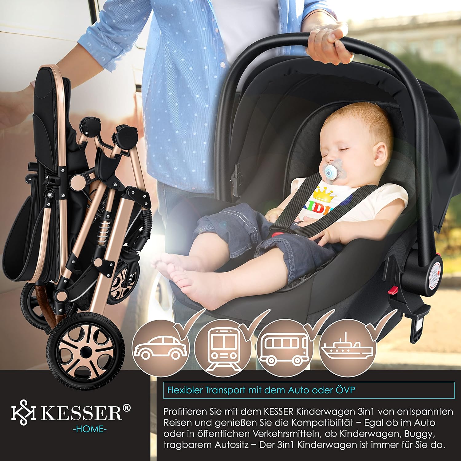 KESSER® Loops 3 in 1 Kinderwagen Kombikinderwagen Komplett-Set inkl. Babywanne & Buggy Sportsitz & Auto-Babyschale Voll-Gummireifen Wickeltasche Regenschutz Kindertisch ECE R129, Schwarz/Schwarz