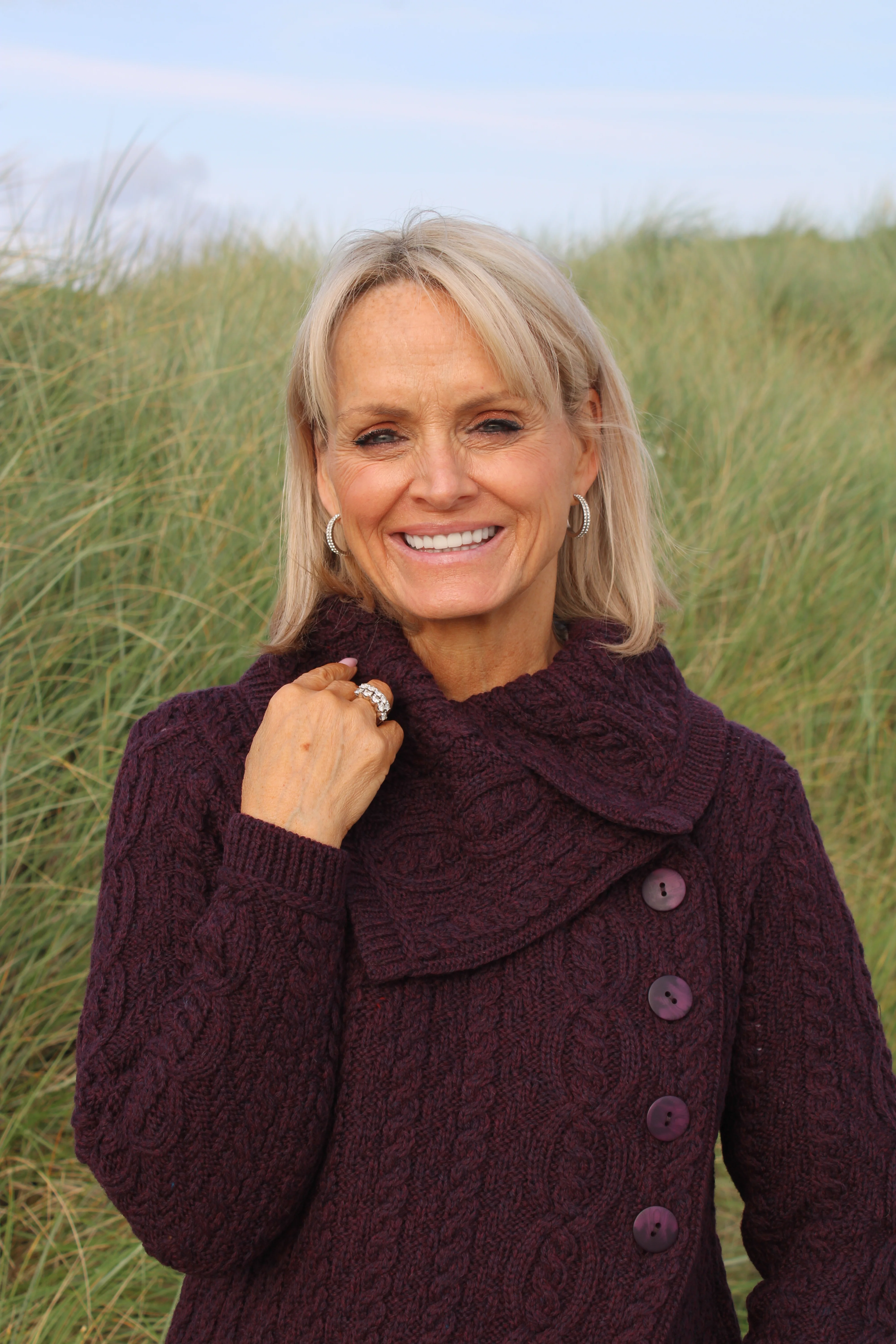 Chunky Collar Coat With Buttons , Damson
