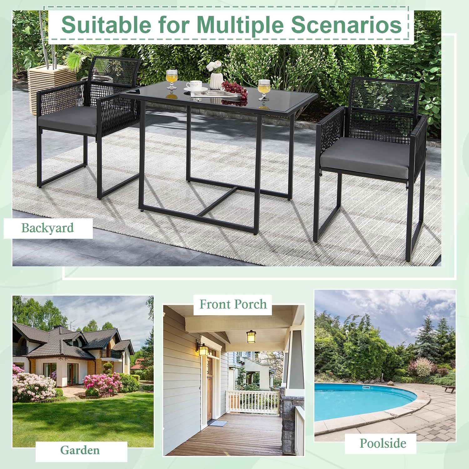 KOMFOTTEU 3 Piece Furniture Set, Table and 2 Chairs Set PE Rattan Dining Set with Folding Chairs, Removable Cushions, Glass Table for Garden, Patio, Terrace