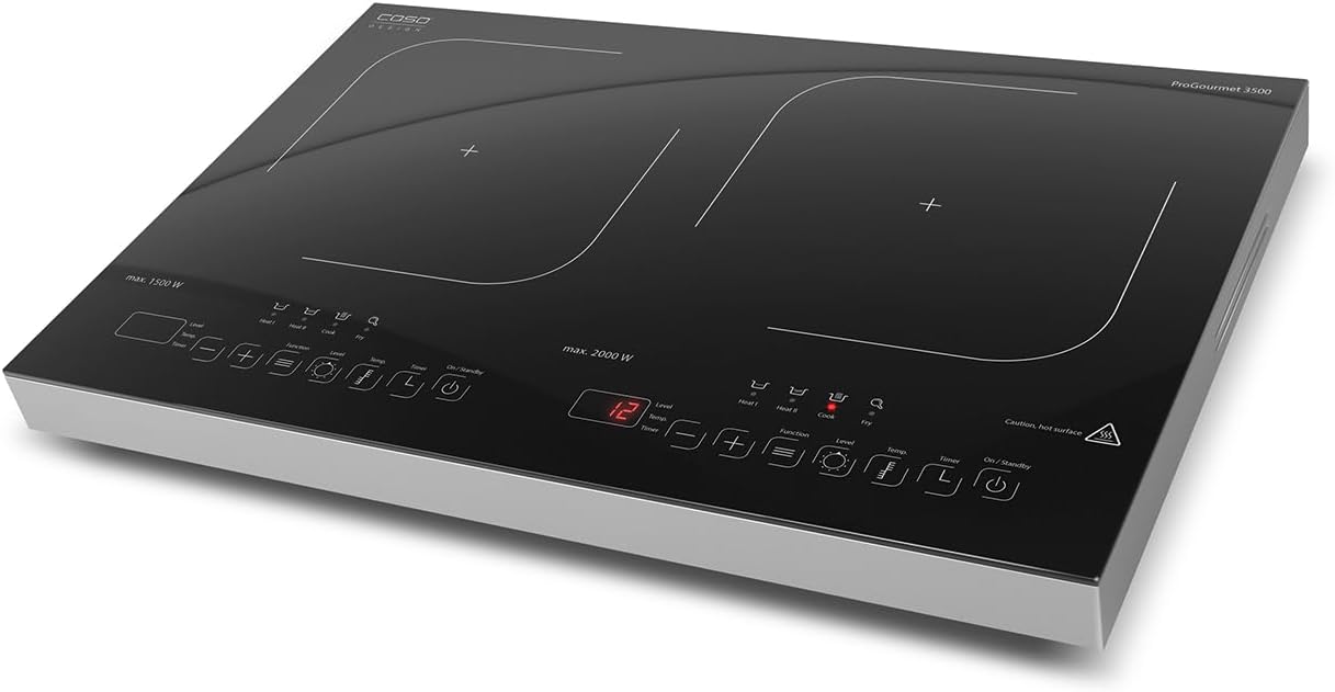 CASO ProGourmet 3500 - Piastra a induzione doppia mobile, 3500 W Powersharing, 60-240 °C, 4 funzioni, timer 180 min, pentole fino a 24 cm, vetro ceramica